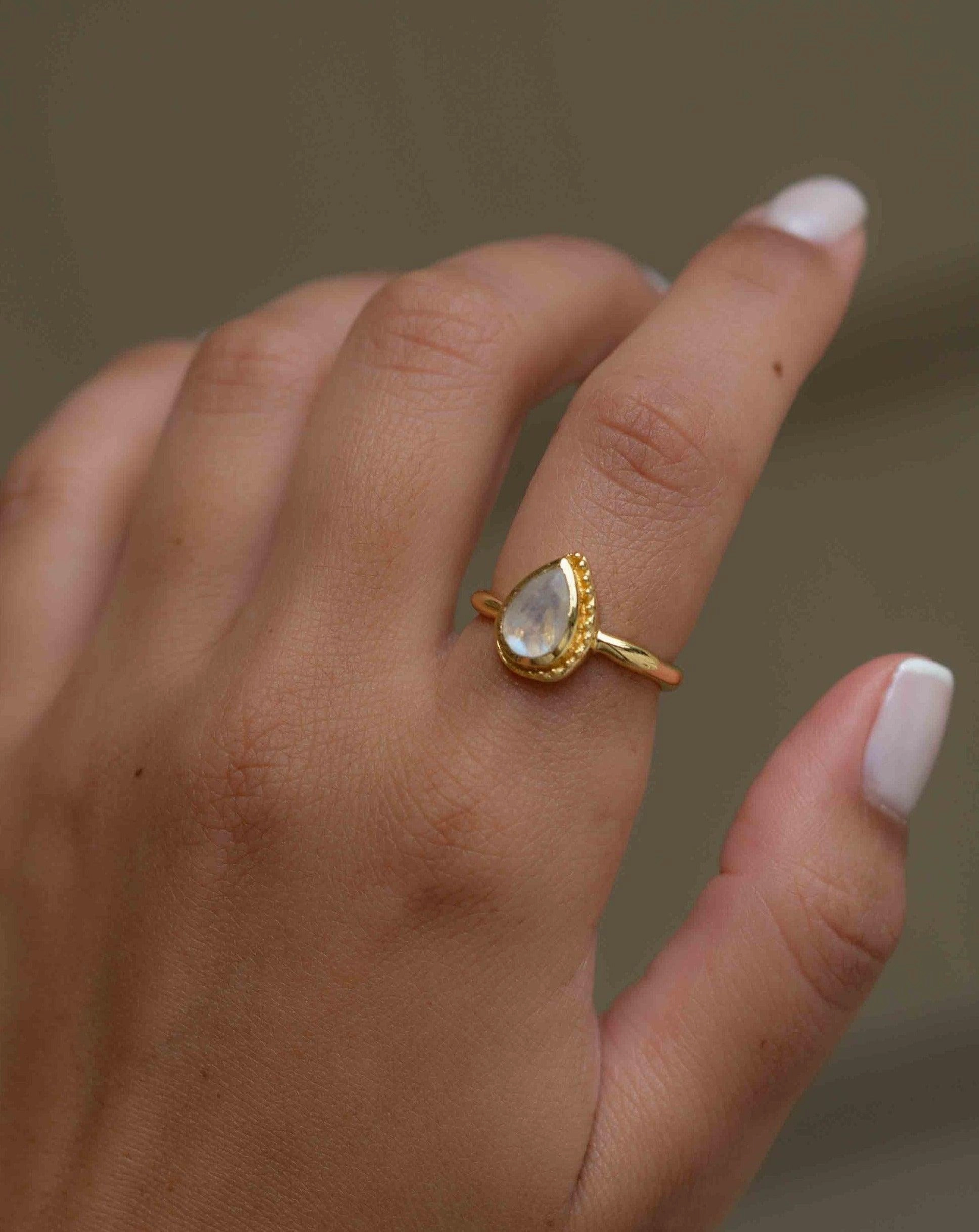 Rainbow Moonstone Tear Drop Ring ~ 18k Gold Plated ~ MR311