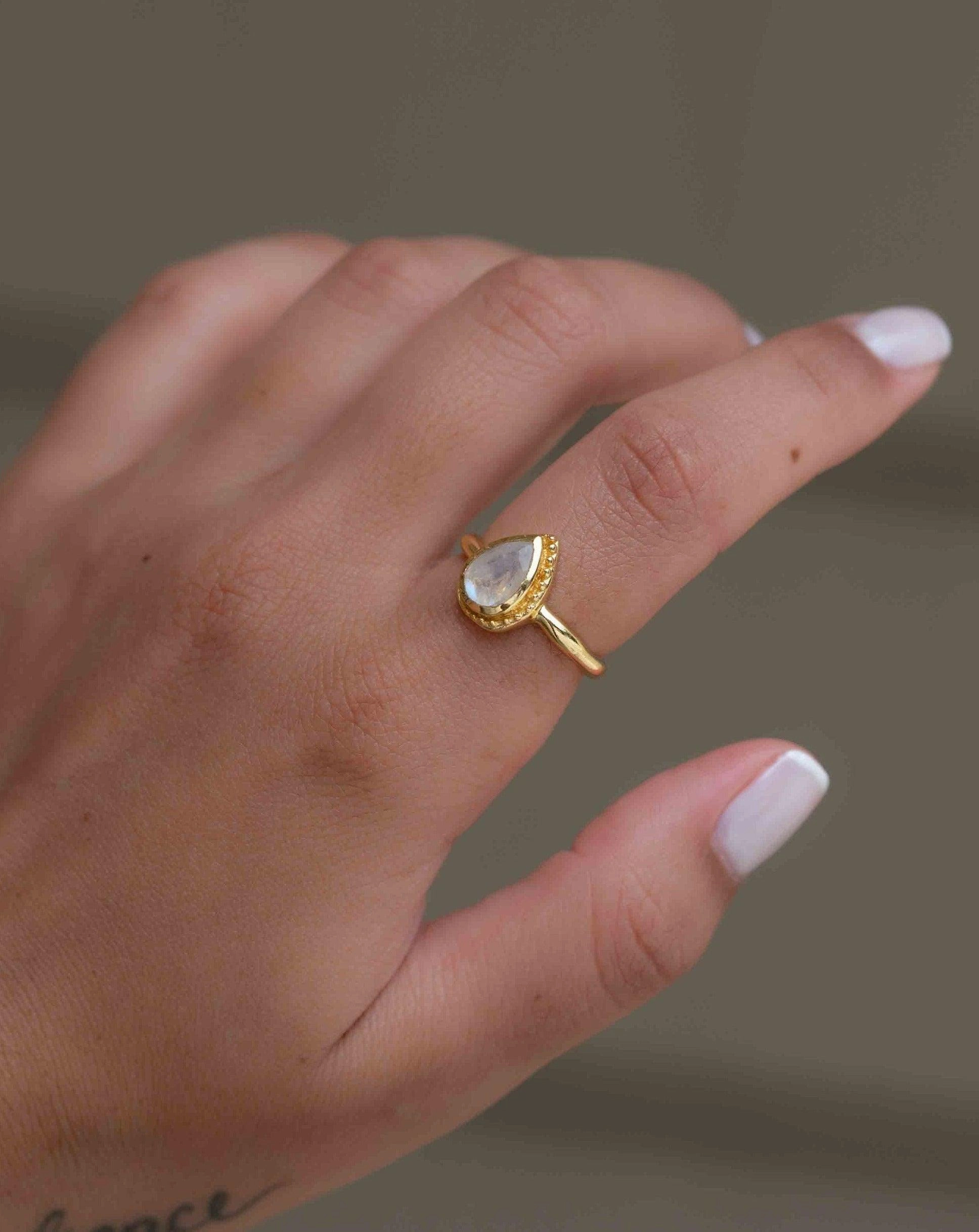 Rainbow Moonstone Tear Drop Ring ~ 18k Gold Plated ~ MR311