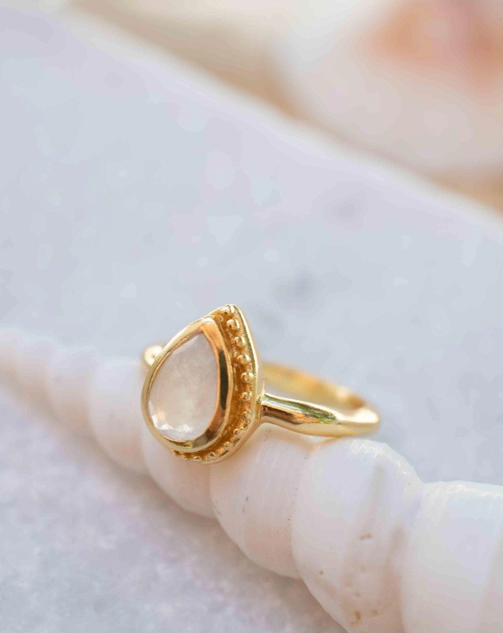 Rainbow Moonstone Tear Drop Ring ~ 18k Gold Plated ~ MR311
