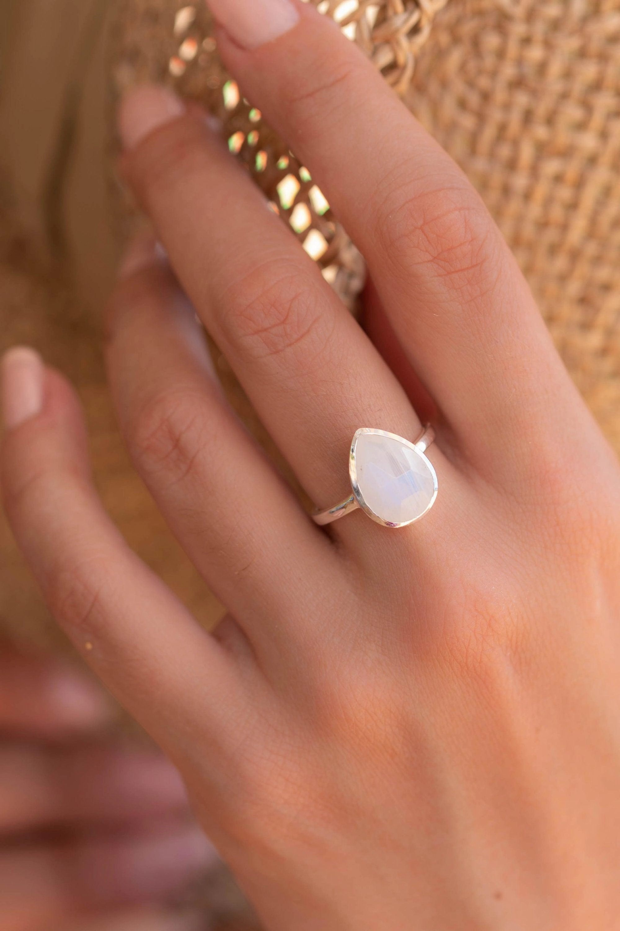 Rainbow Moonstone Tear Drop Ring ~ Sterling Silver 925 ~ MR223