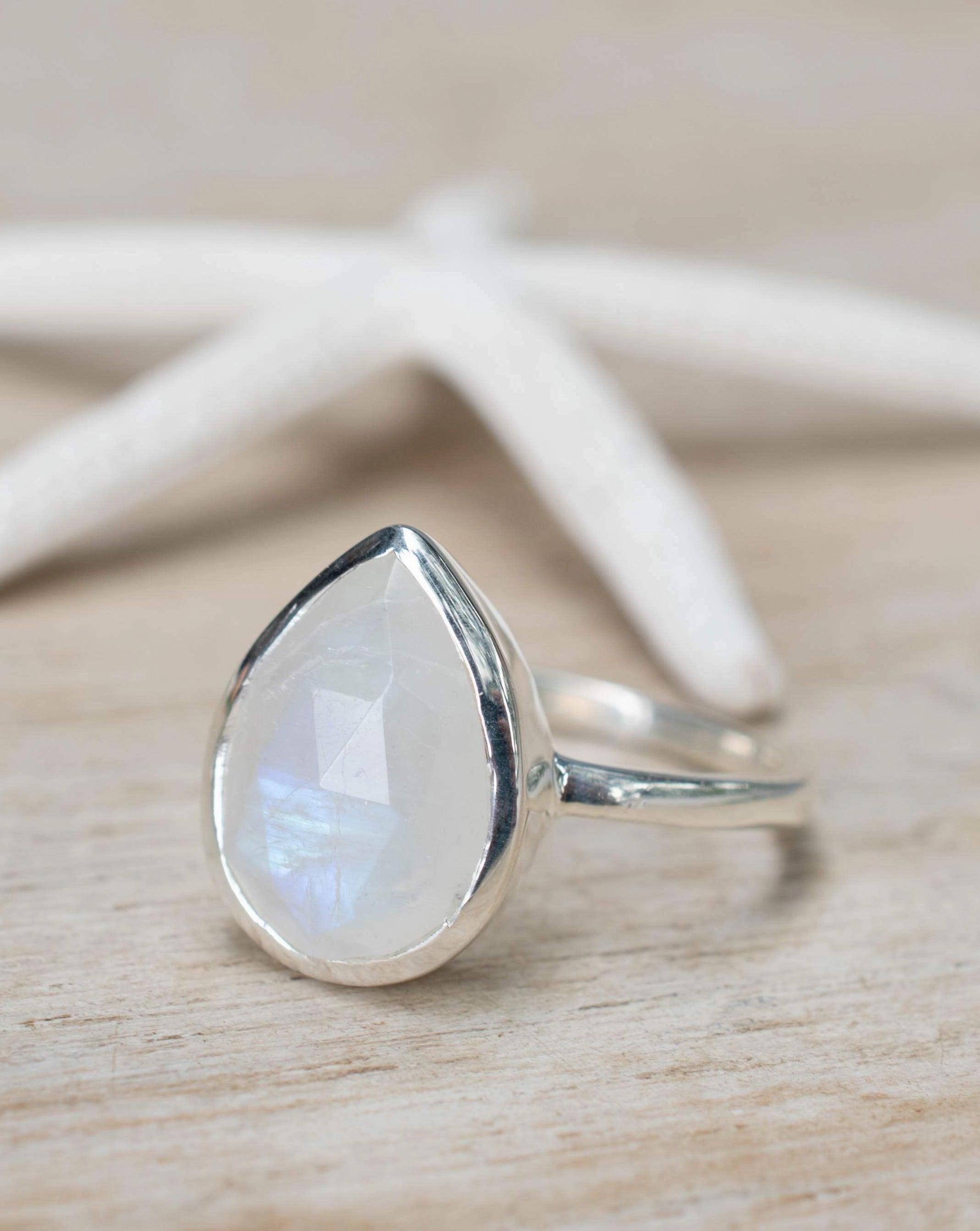 Rainbow Moonstone Tear Drop Ring ~ Sterling Silver 925 ~ MR223