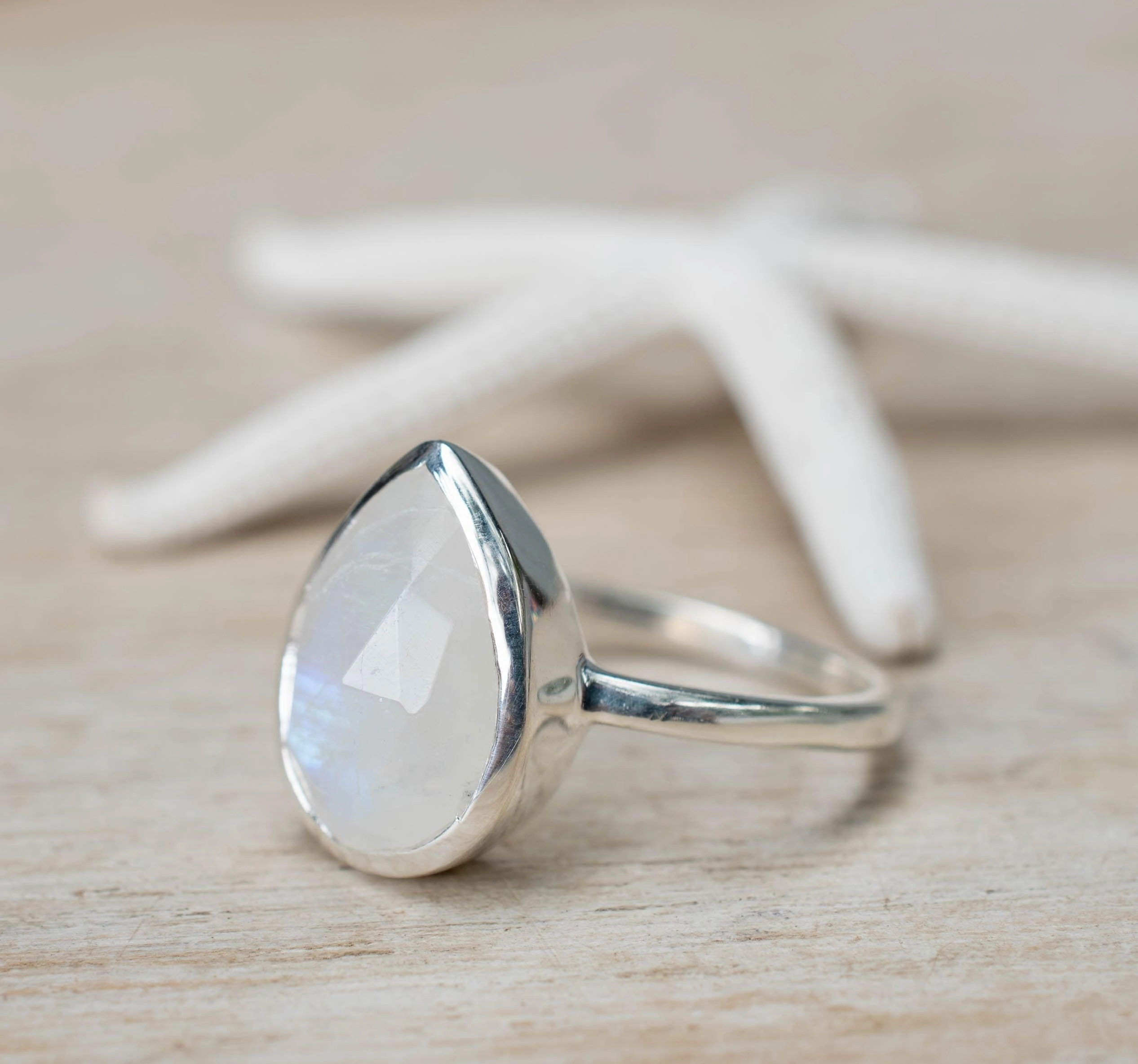 Rainbow Moonstone Tear Drop Ring ~ Sterling Silver 925 ~ MR223