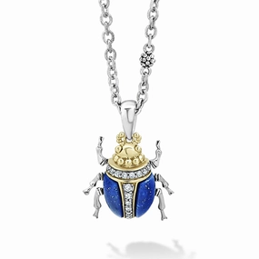 Rare Wonders Lapis Beetle Diamond Pendant Necklace