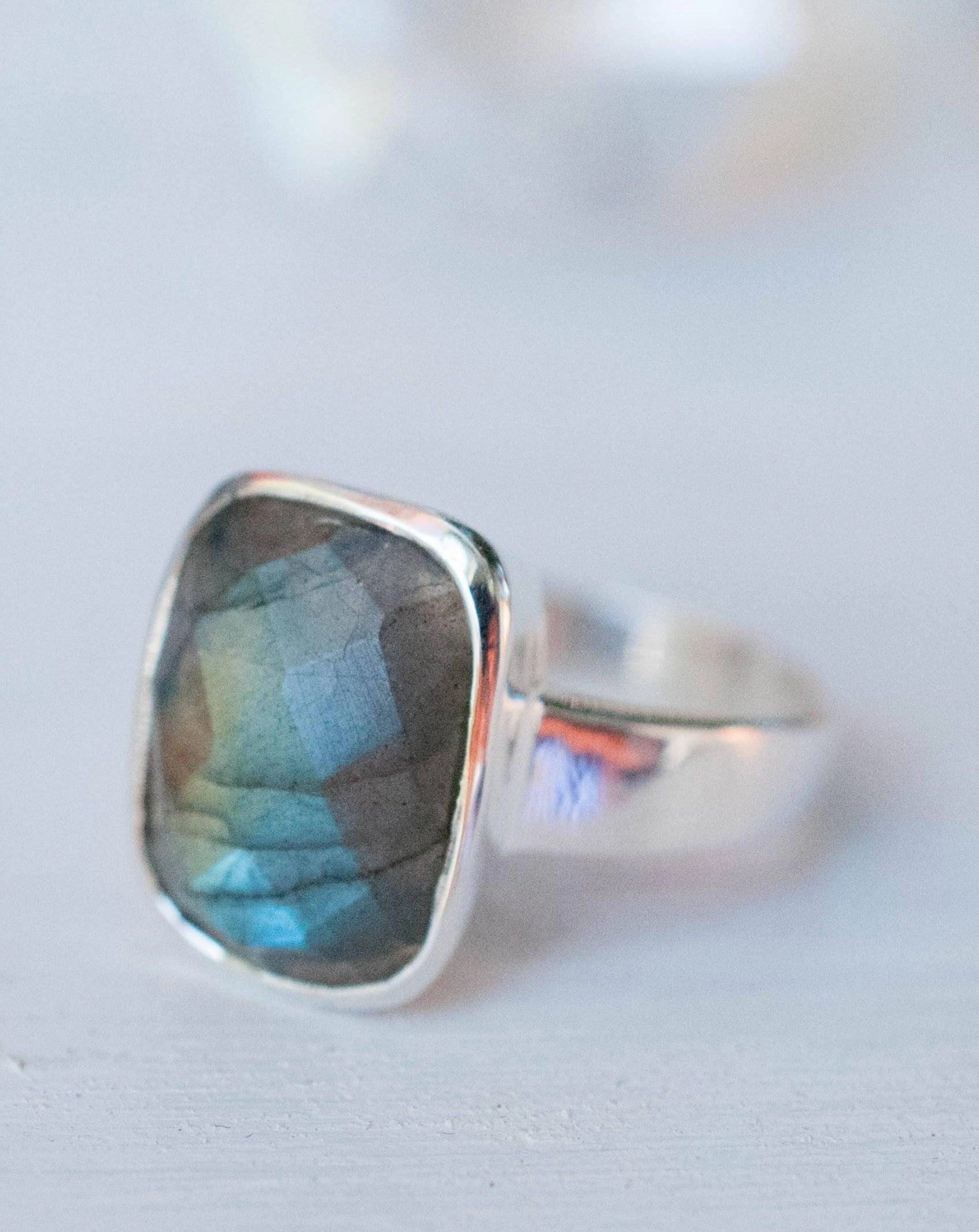 Rectangle Rainbow Labradorite Ring ~ Sterling Silver 925 ~MR012