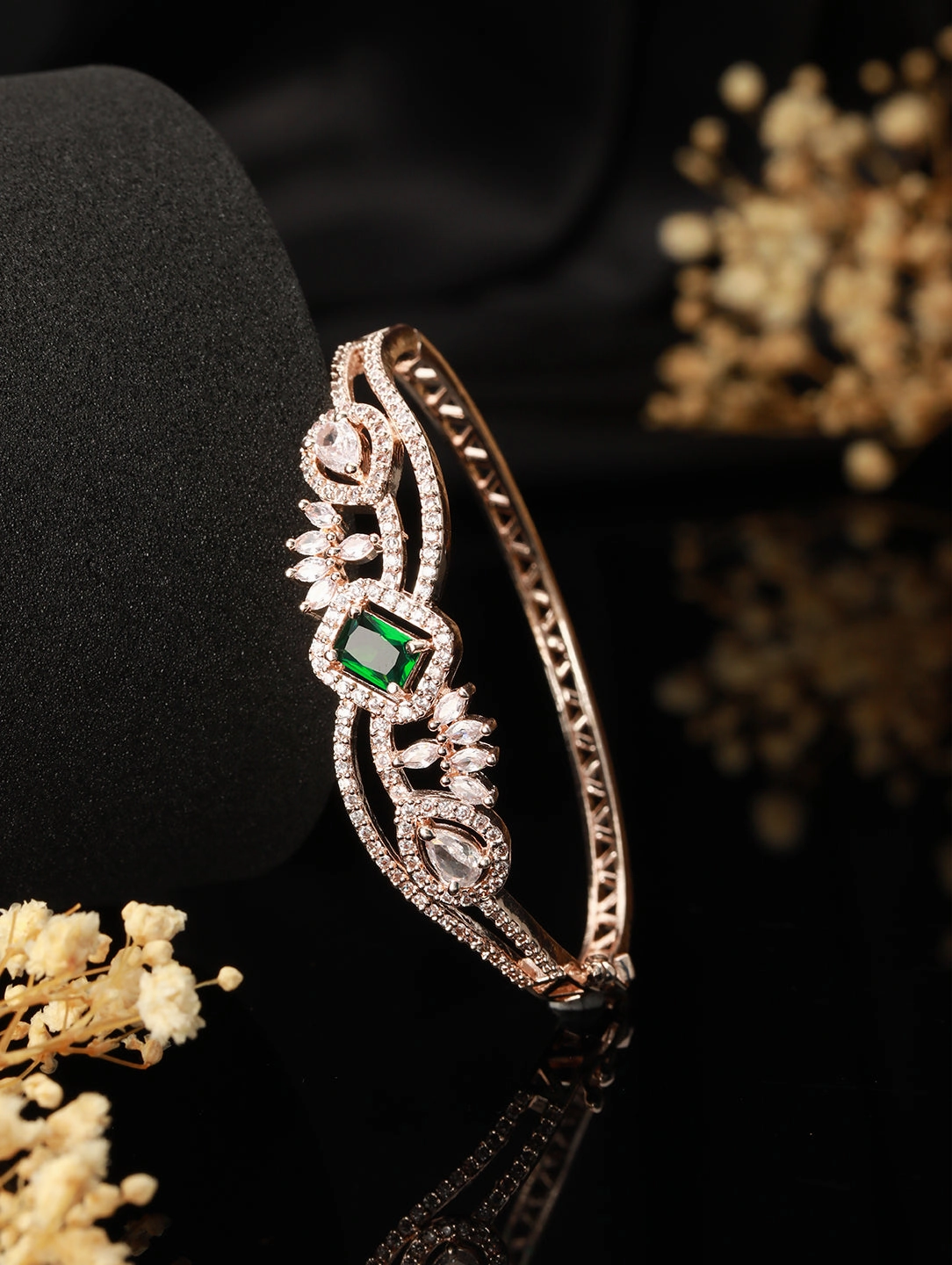 Rose Gold Plated & Green American Diamond Studded Bangle Link Bracelet