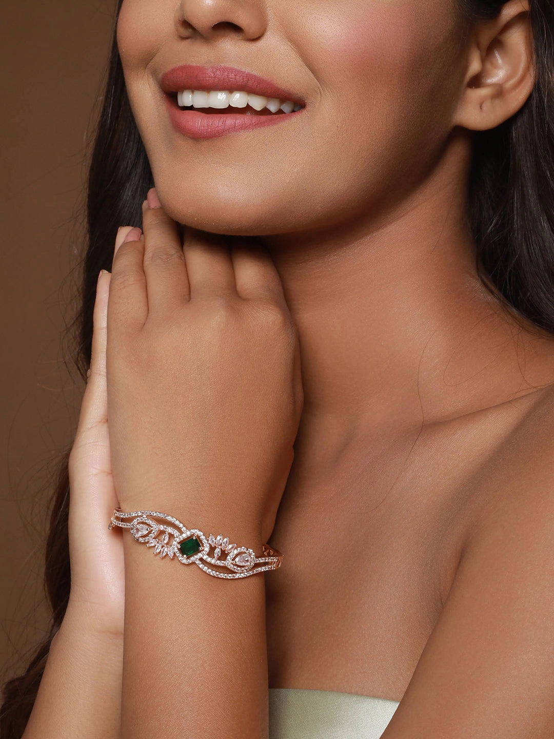 Rose Gold Plated & Green American Diamond Studded Bangle Link Bracelet