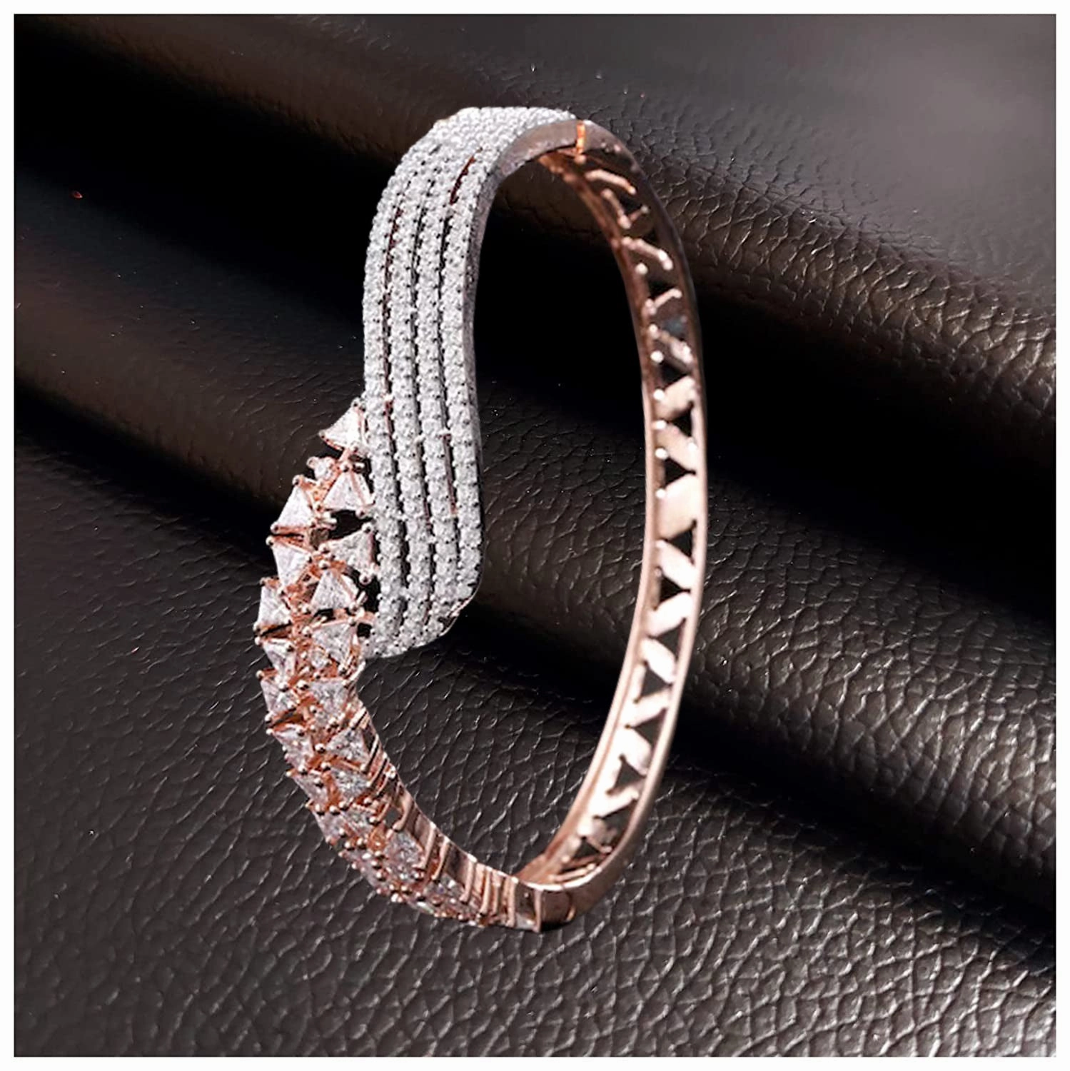 Rose Gold-Plated Cz Stone-Studded Handcrafted Bangle-Style Bracelet