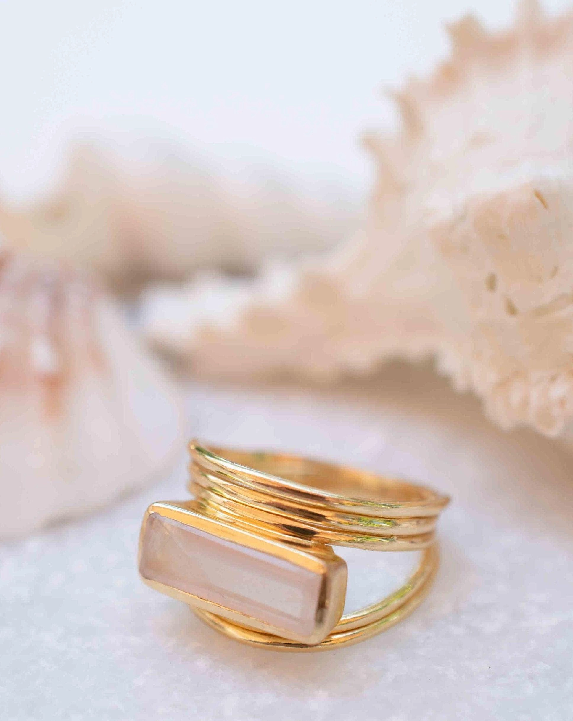 Rose Quartz ~ Rectangular Ring ~ 18k Gold Plated ~ MR300