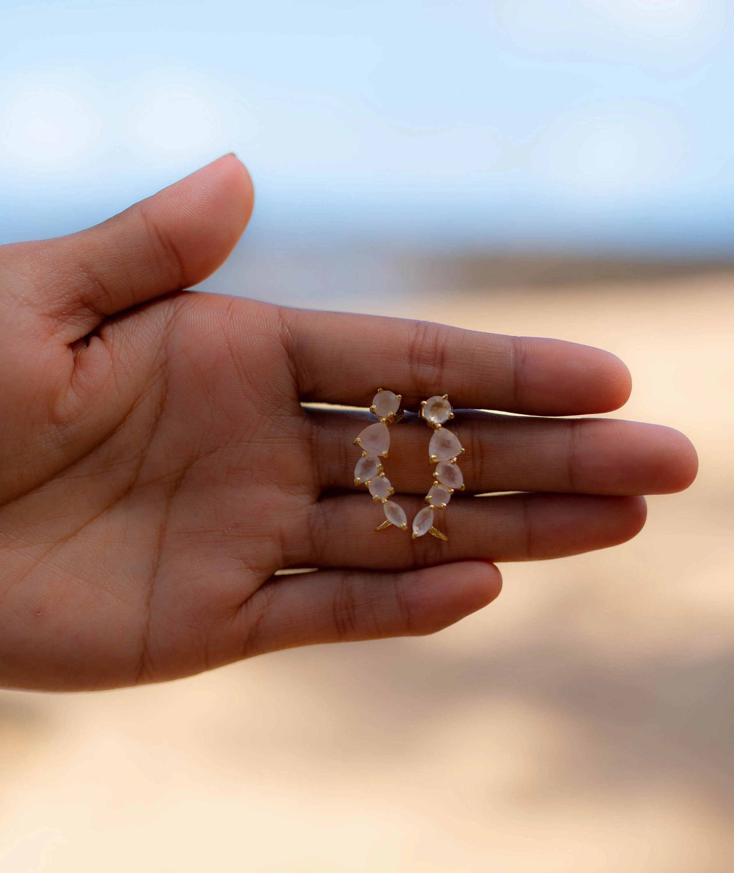 Rose Quartz Ear Climber Earrings ~ 18k Gold Plated ~ ME174