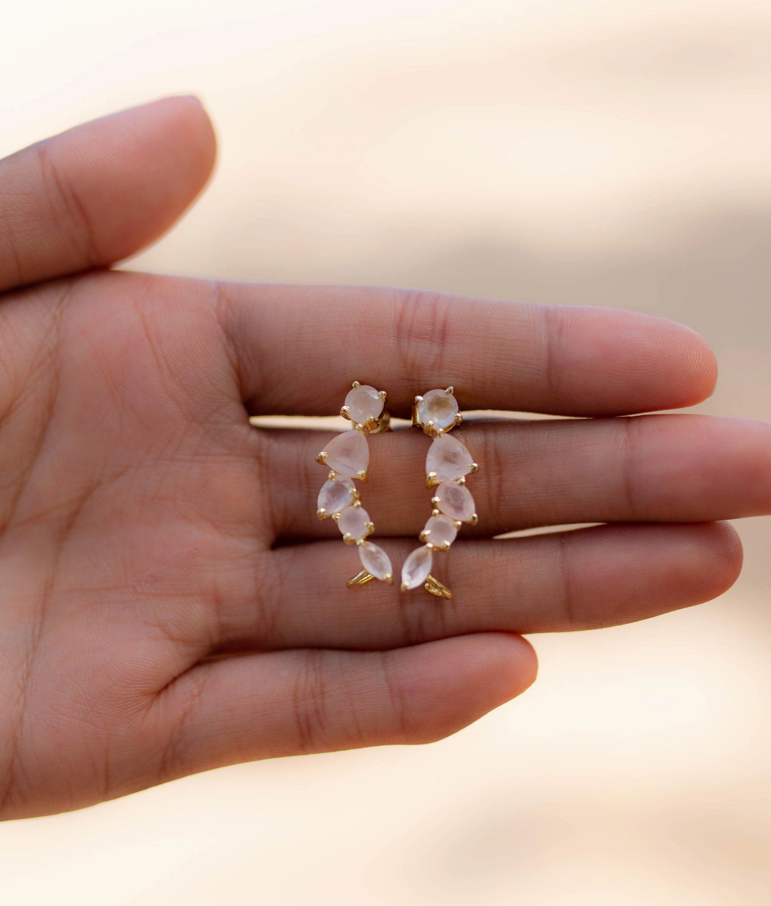 Rose Quartz Ear Climber Earrings ~ 18k Gold Plated ~ ME174