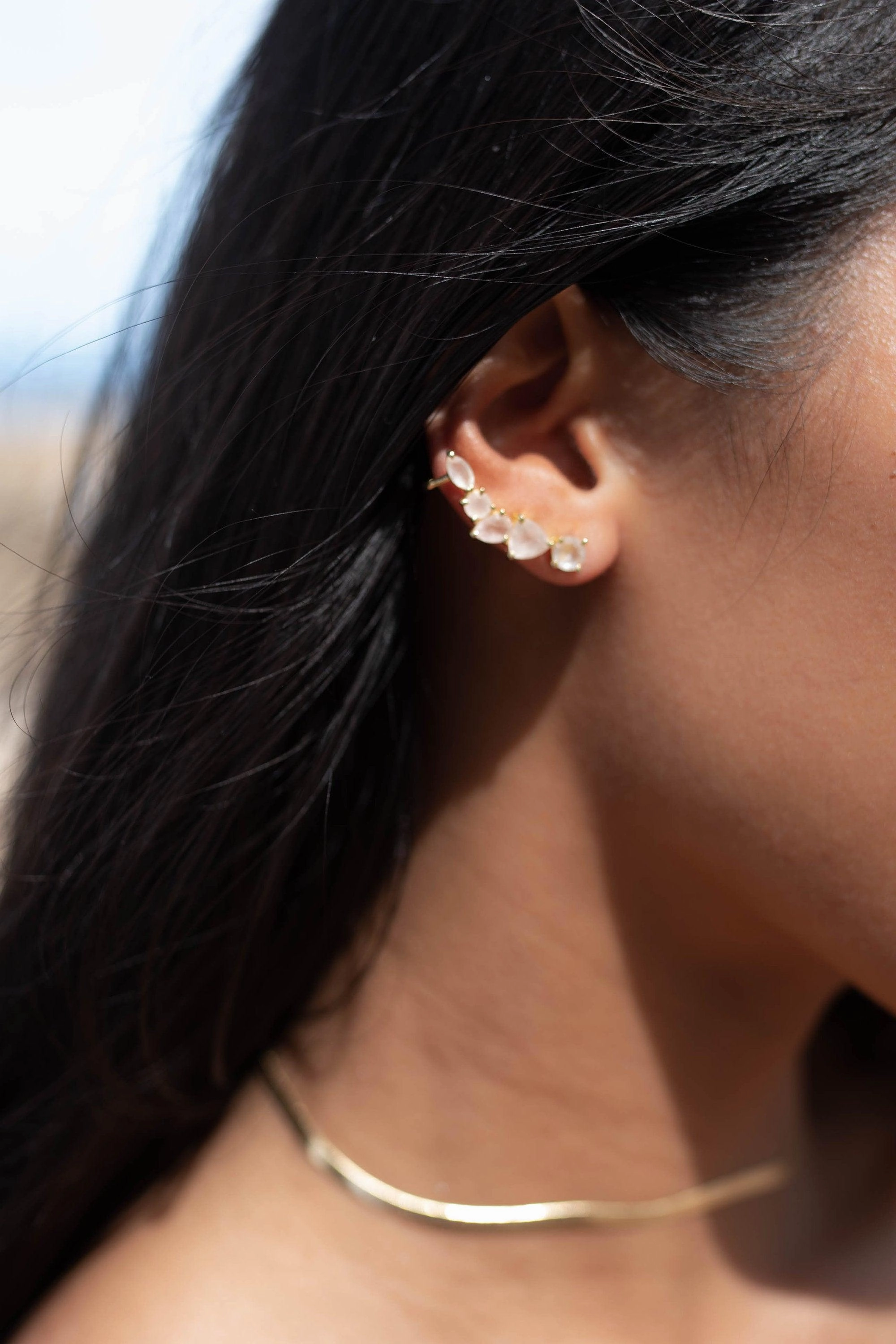 Rose Quartz Ear Climber Earrings ~ 18k Gold Plated ~ ME174