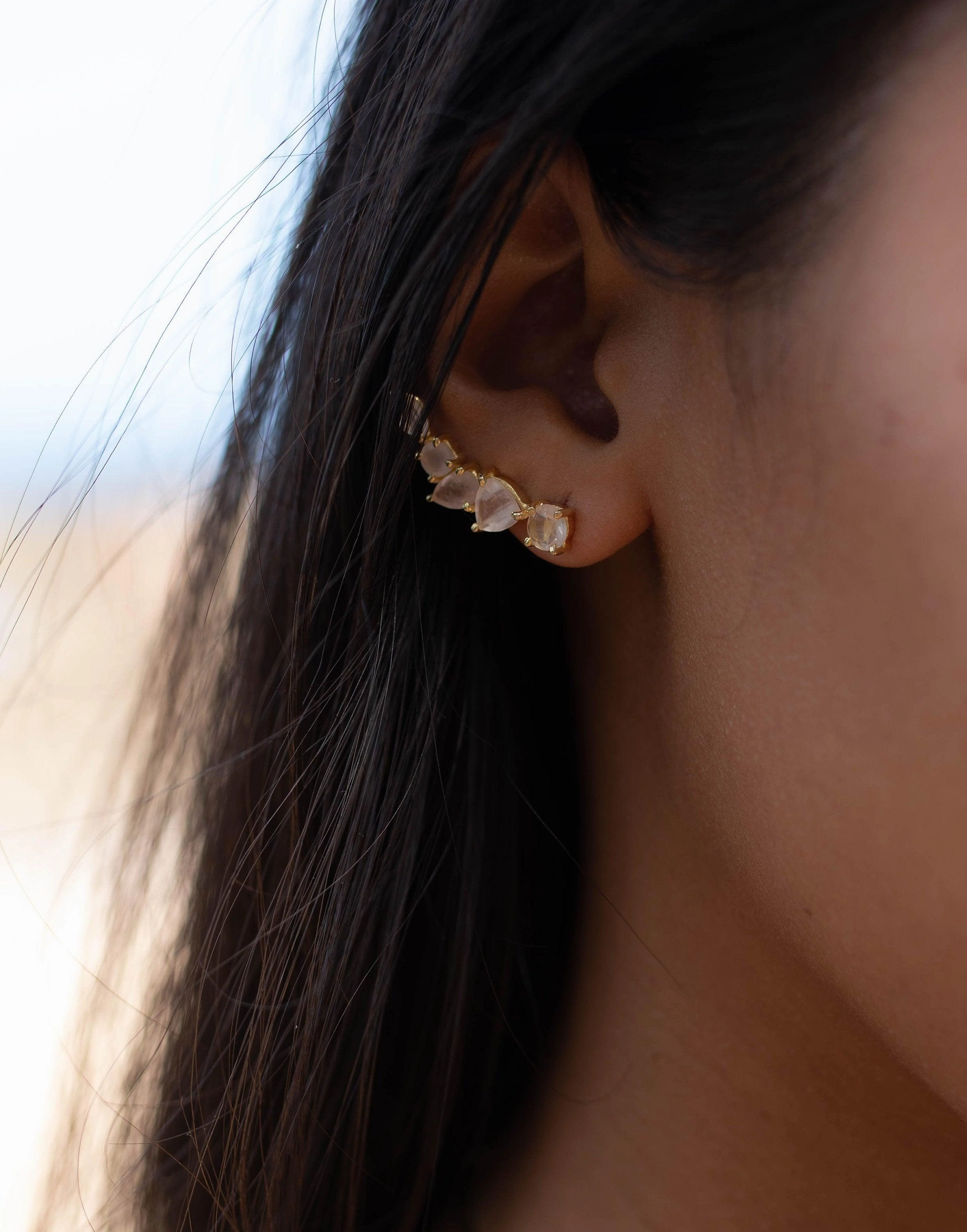 Rose Quartz Ear Climber Earrings ~ 18k Gold Plated ~ ME174