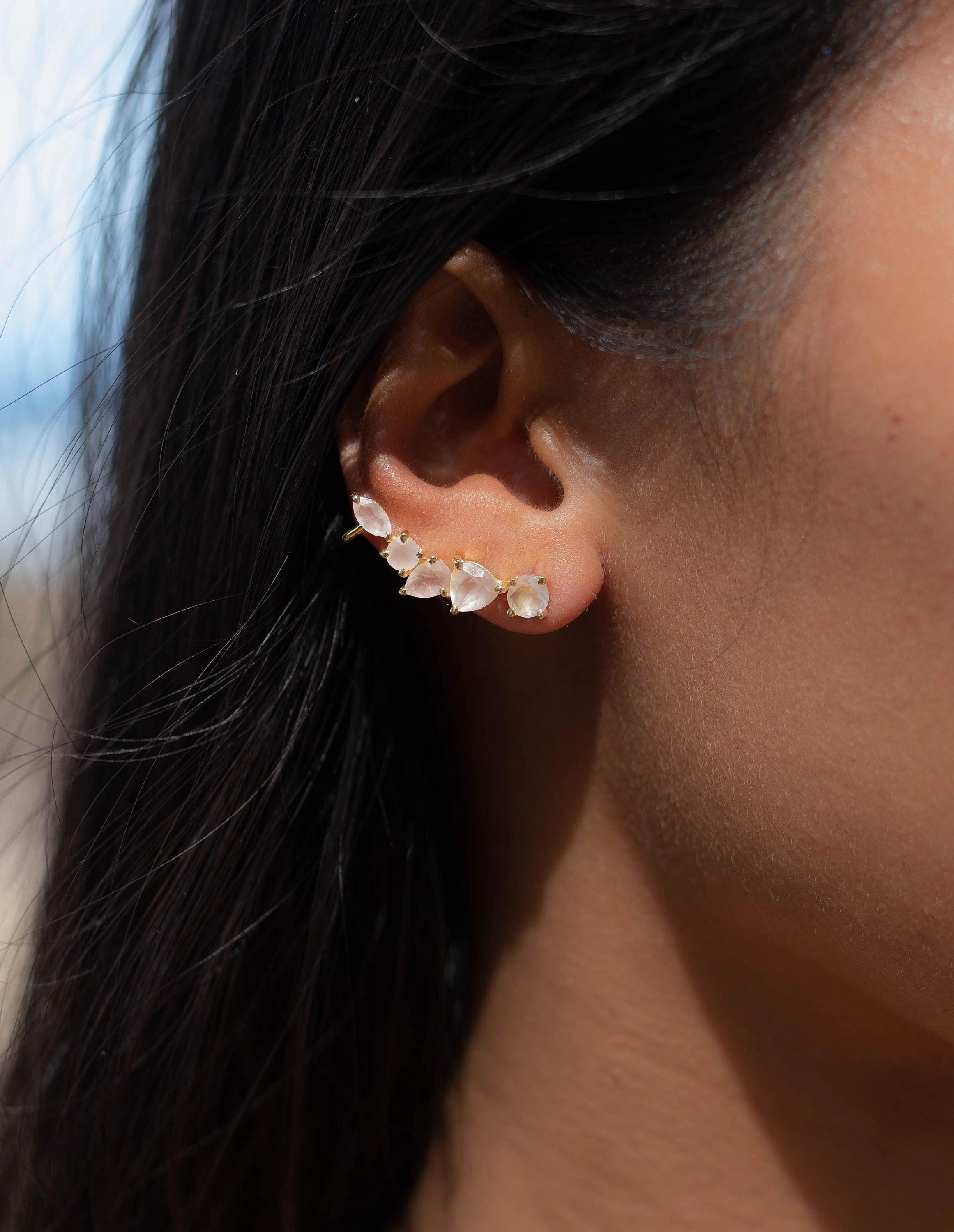 Rose Quartz Ear Climber Earrings ~ 18k Gold Plated ~ ME174