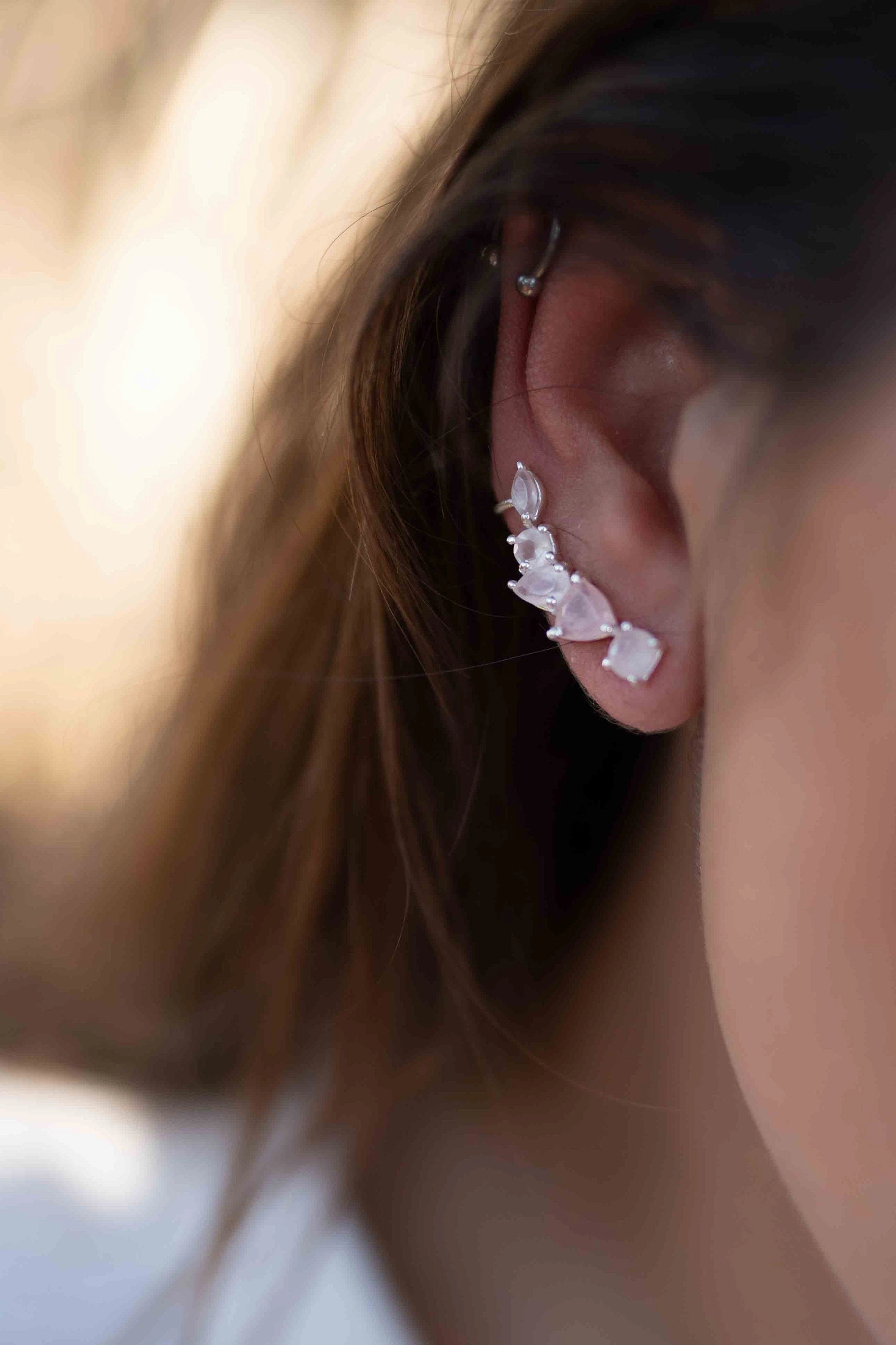 Rose Quartz Ear Climber Earrings ~ Sterling Silver 925 ~ ME168