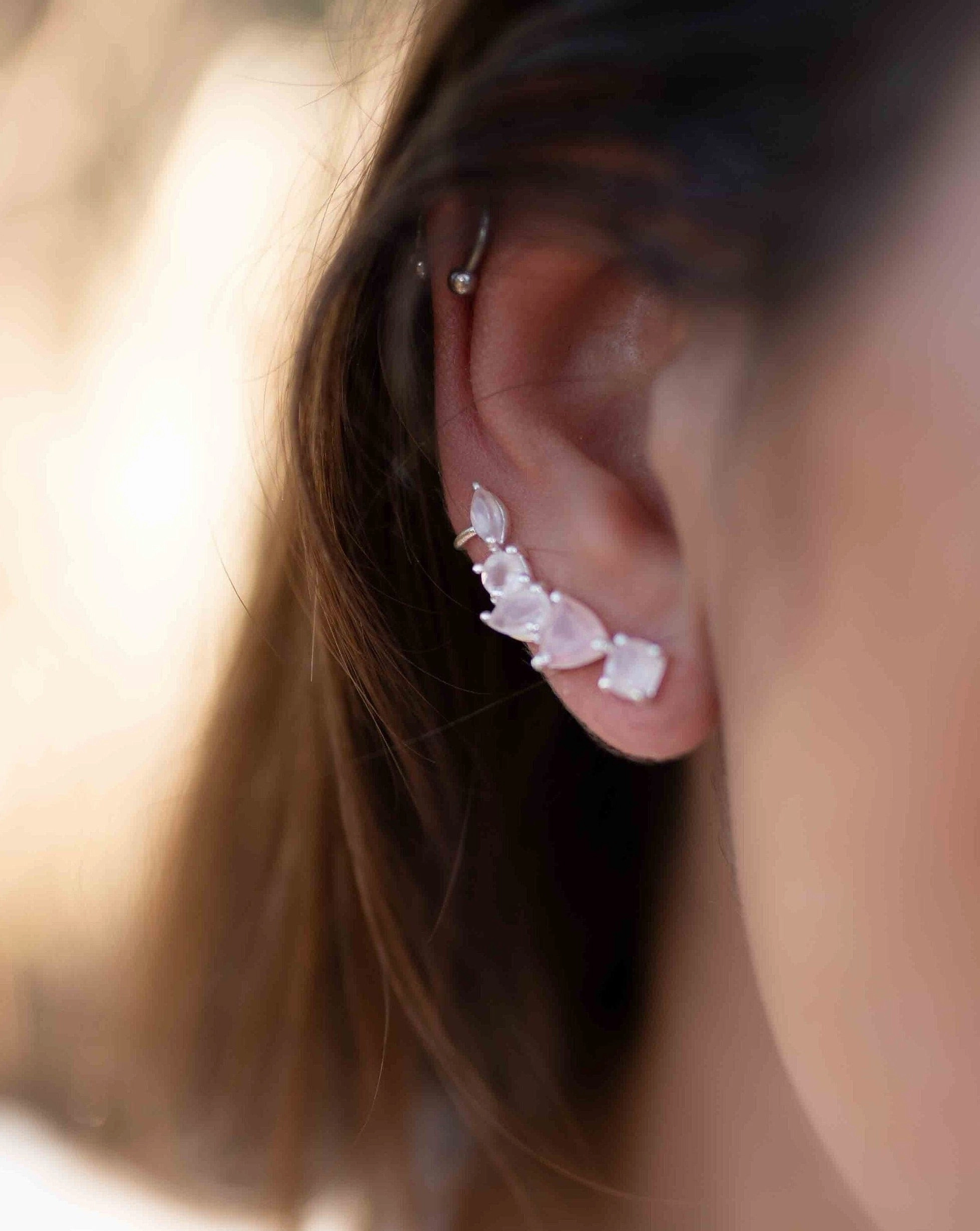 Rose Quartz Ear Climber Earrings ~ Sterling Silver 925 ~ ME168