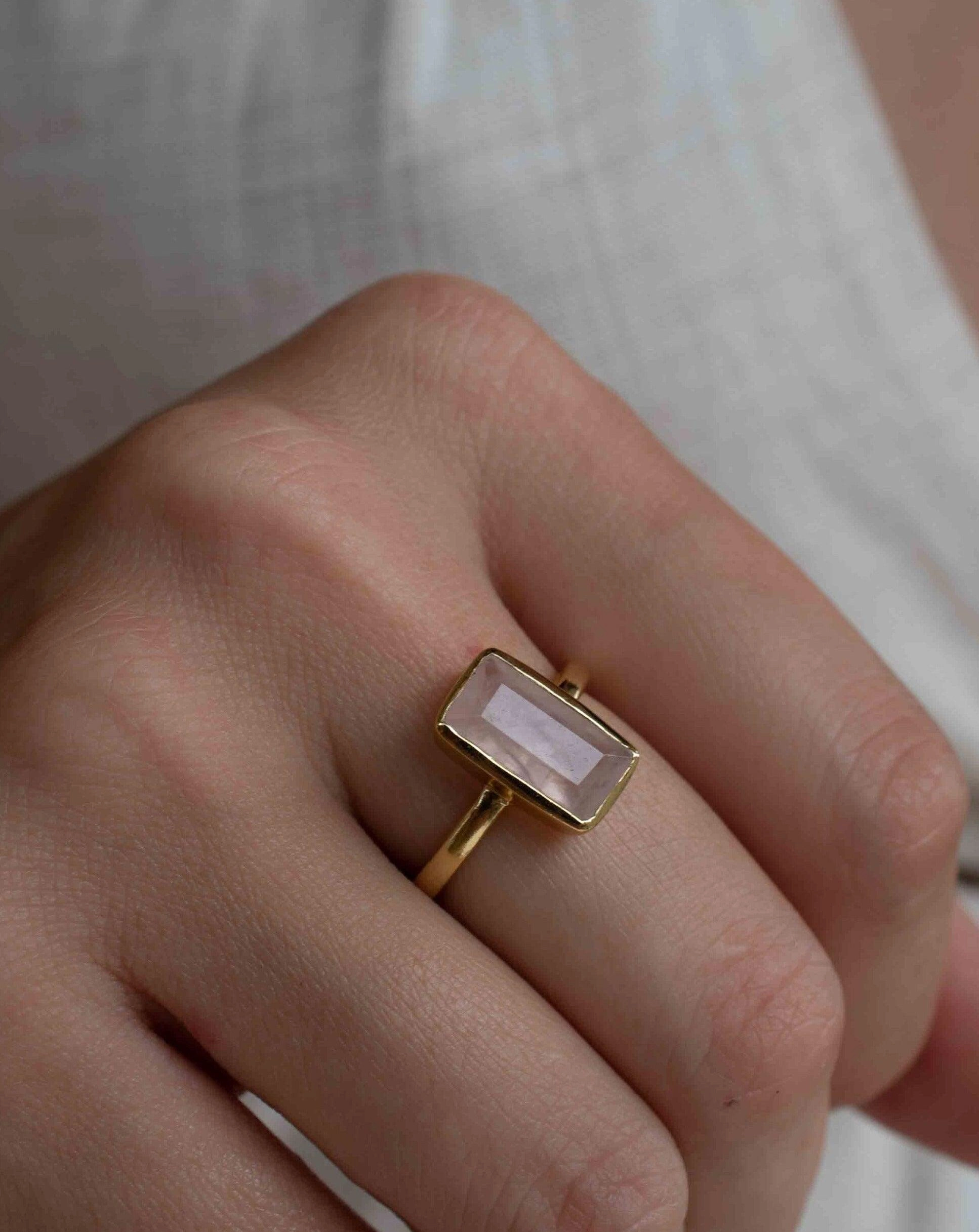 Rose Quartz Tear Drop Ring ~ 18k Gold Plated ~ MR138