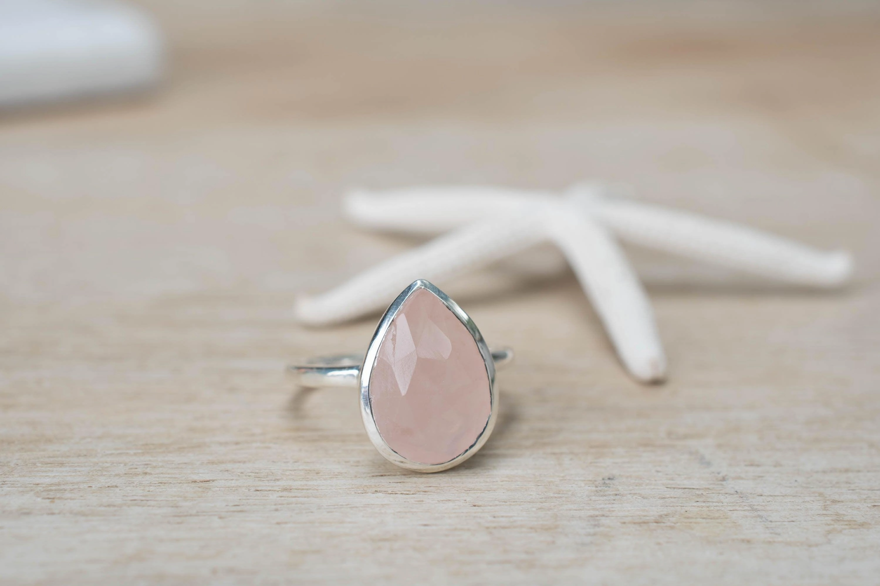 Rose Quartz Tear Drop Ring ~ Sterling Silver 925 ~ MR226