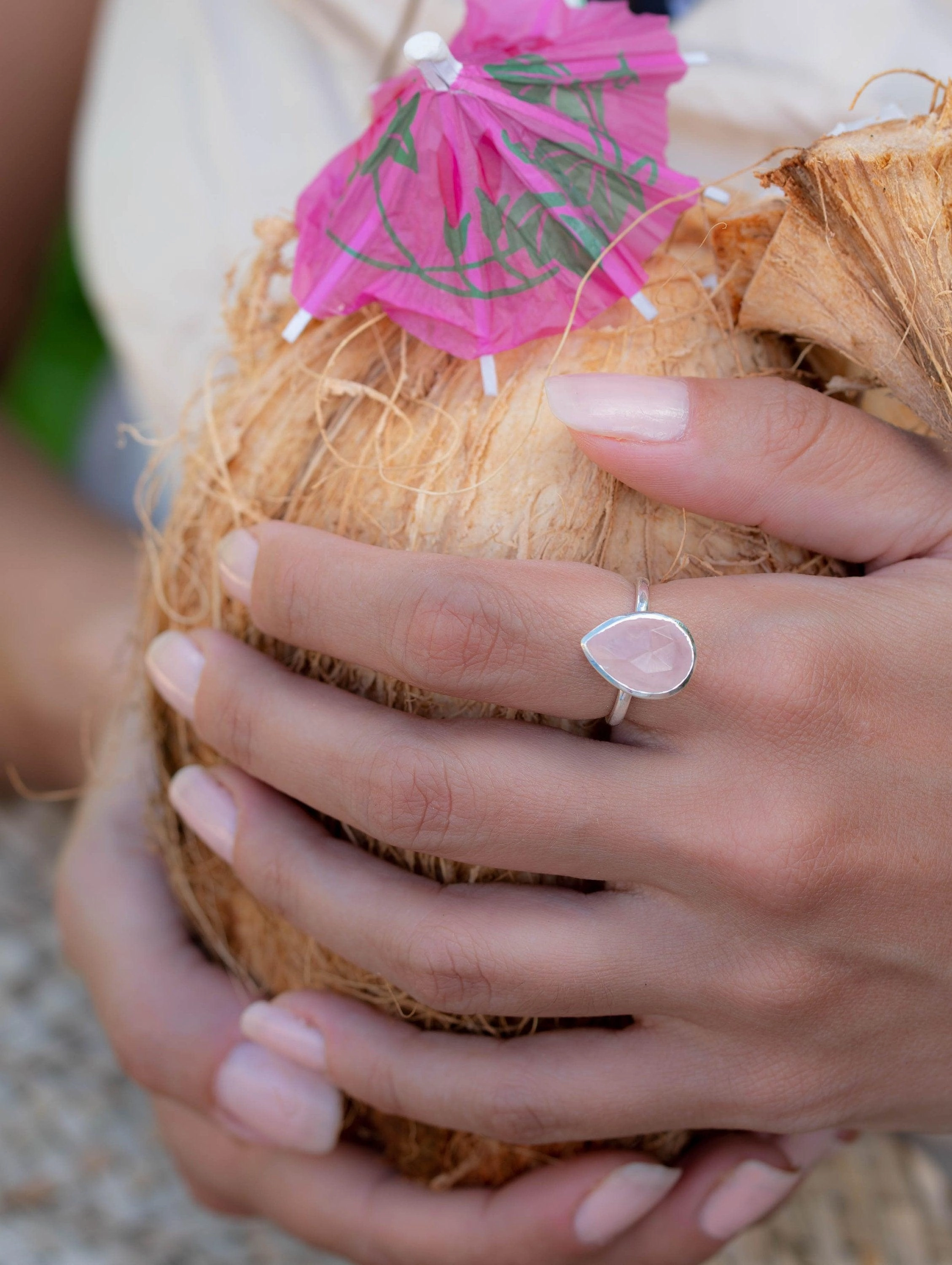 Rose Quartz Tear Drop Ring ~ Sterling Silver 925 ~ MR226