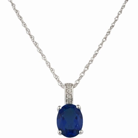 September Birthstone Pendant: 14K White Gold Diamond And Oval Sapphire Pendant Necklace