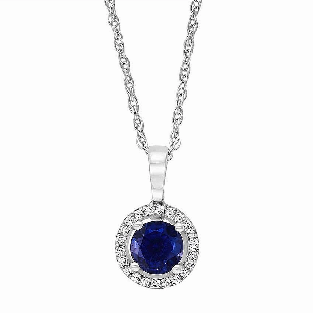 September Birthstone Pendant: 14K White Gold Diamond And Sapphire Halo Pendant Necklace