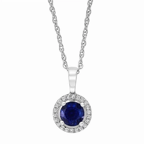 September Birthstone Pendant: 14K White Gold Diamond And Sapphire Halo Pendant Necklace