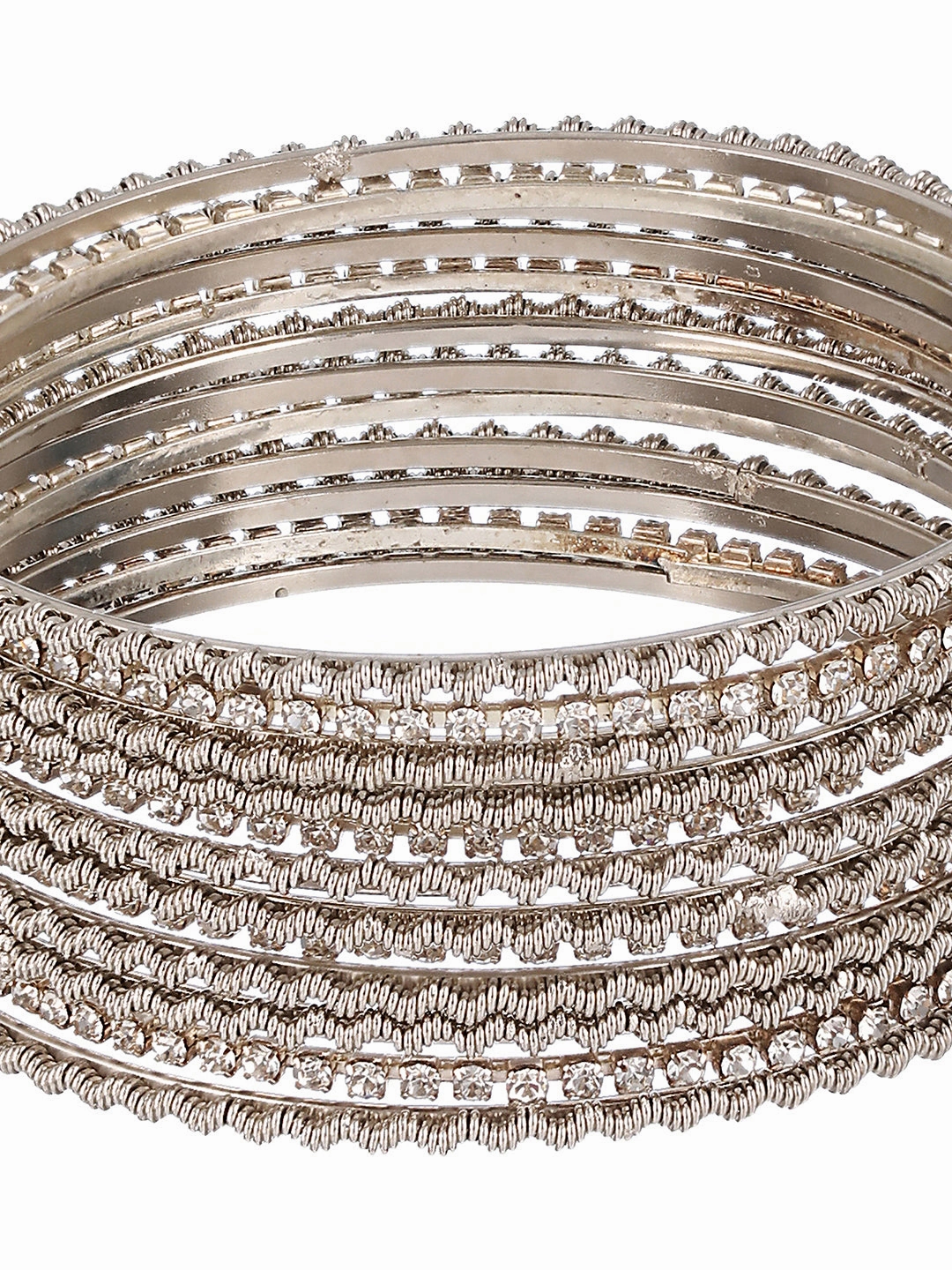 Set Of 12 Cz Studded & Oxidised Silver Bangles