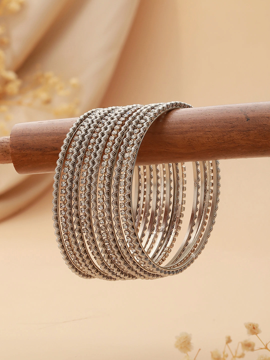 Set Of 12 Cz Studded & Oxidised Silver Bangles