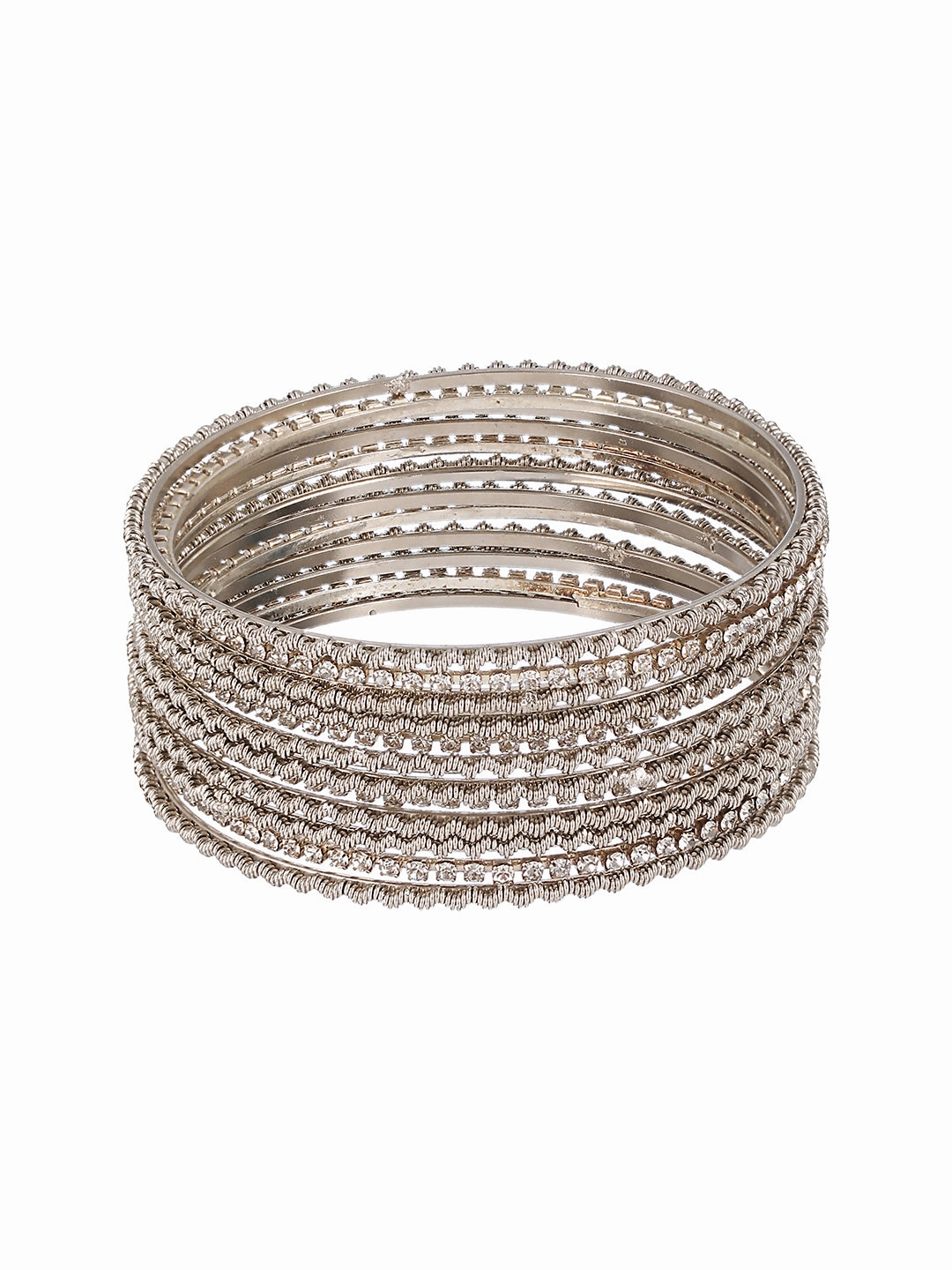 Set Of 12 Cz Studded & Oxidised Silver Bangles