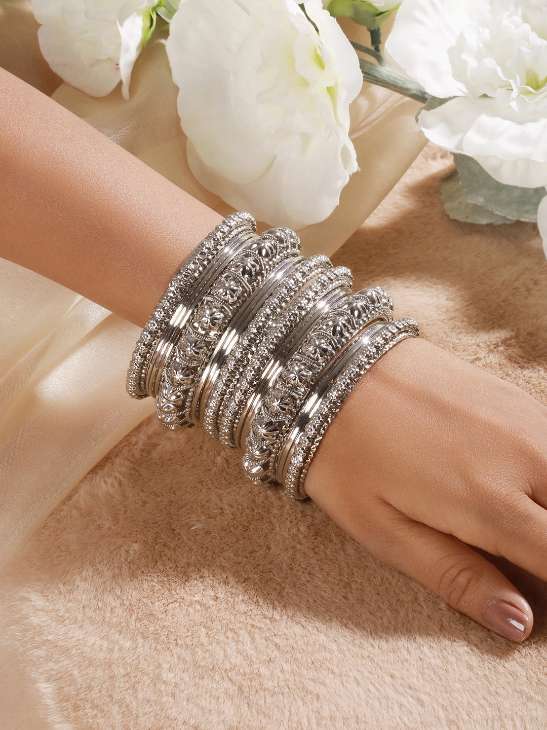 Set Of 18 Silver-Plated Textured Oxidised Bangles Set