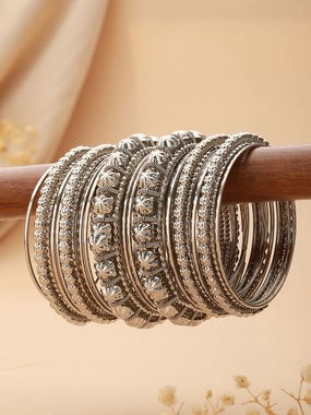Set Of 18 Silver-Plated Textured Oxidised Bangles Set