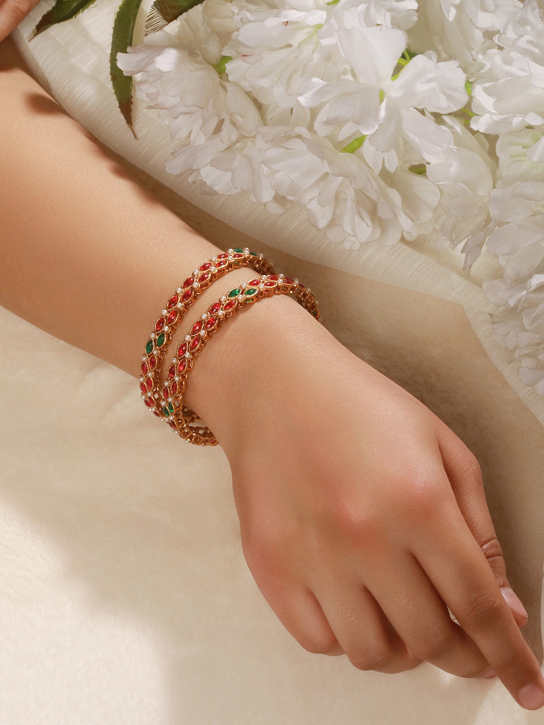 Set of 2 18K Gold-Plated Ruby and Emerald Gemstones Studded & Pearl Beaded Bangles