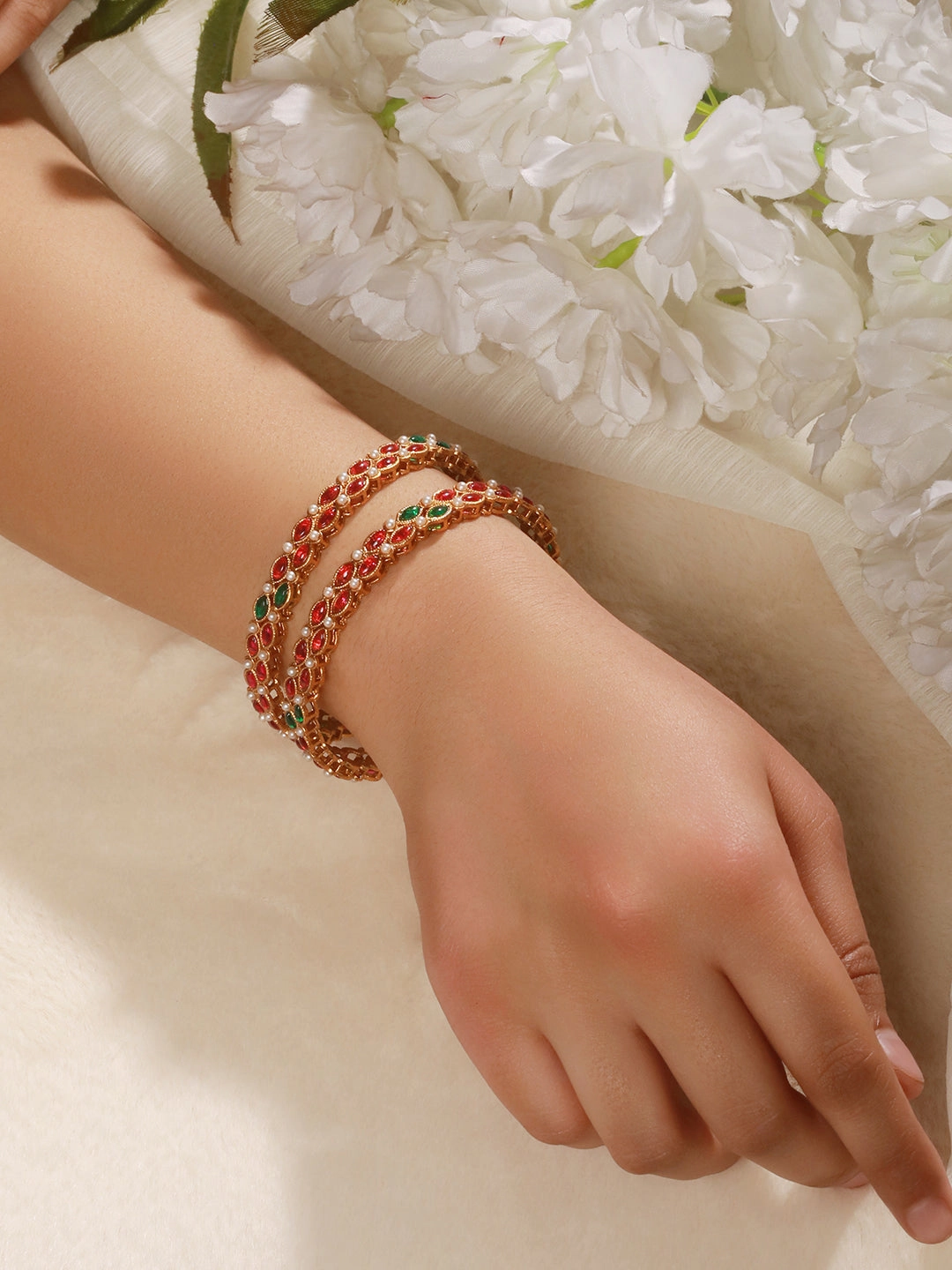 Set of 2 18K Gold-Plated Ruby and Emerald Gemstones Studded & Pearl Beaded Bangles