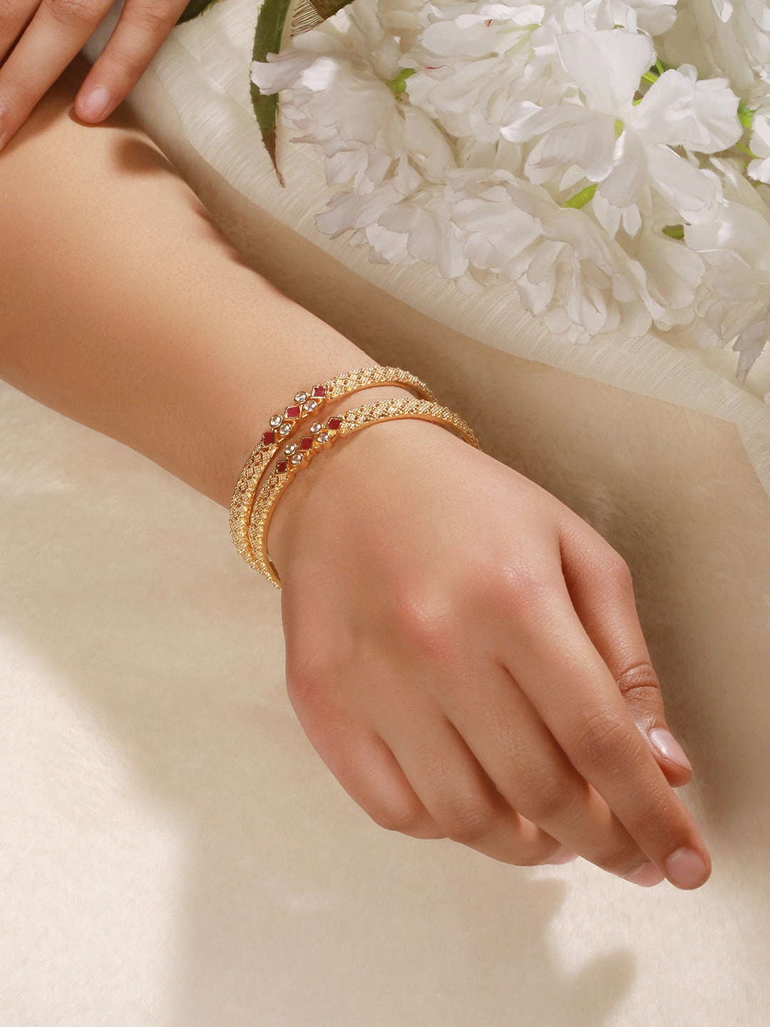 Set of 2 18K Gold Plated Ruby Studded Geru Polish Traditional Bangles