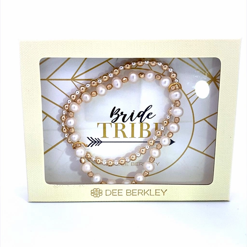 Set Of 2: Gold Filled Bead Bracelet With Pearl And Gold Filled Beads In "Bride Tribe" Cream Gift Box