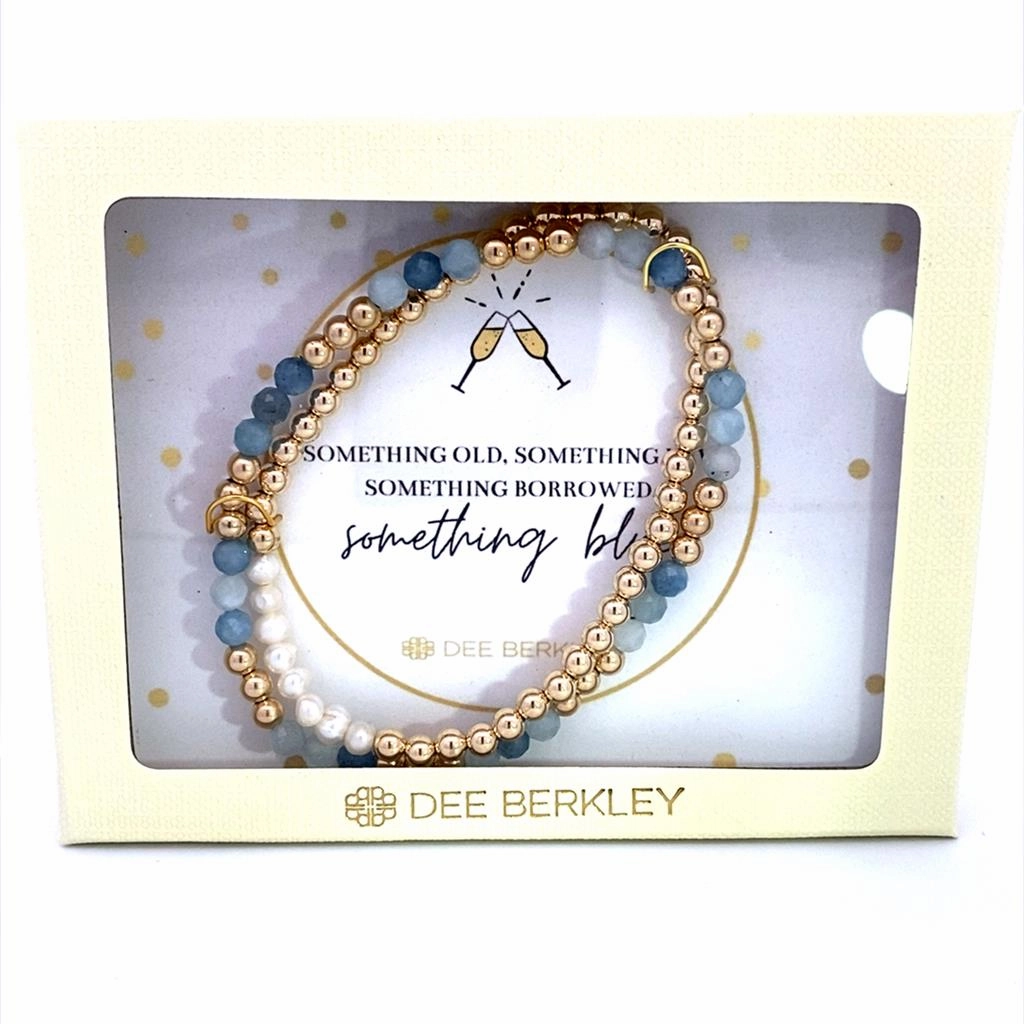 Set Of 2: Gold Filled Beads With Pearl Bar, And Gold Filled Beads And Aquamarine In "Something Blue" Cream Gift