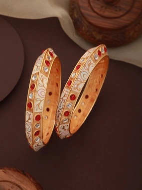 Set Of 2 Gold-Plated Red & White Kundan-Studded Meenakari Bangles