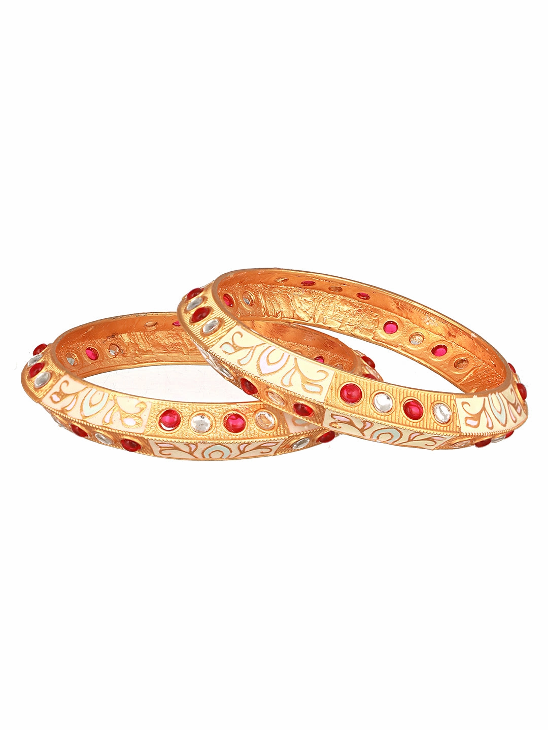 Set Of 2 Gold-Plated Red & White Kundan-Studded Meenakari Bangles