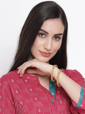 Set Of 2 Gold-Plated Ruby Studded Jaali Work Broad Bangles