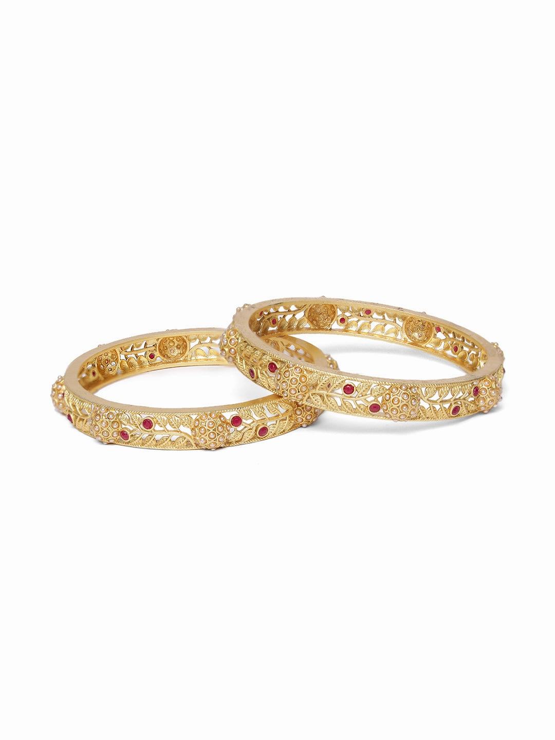 Set Of 2 Gold-Plated Ruby Studded Leaf Pattern Bangles