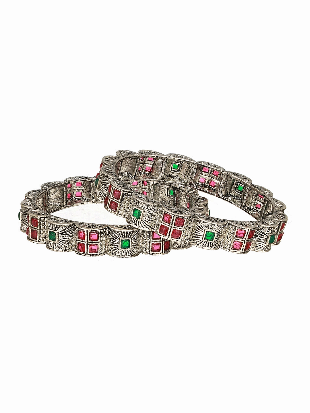 Set Of 2 Oxidized Silver-Plated Red & Green Stone Studded Bangles