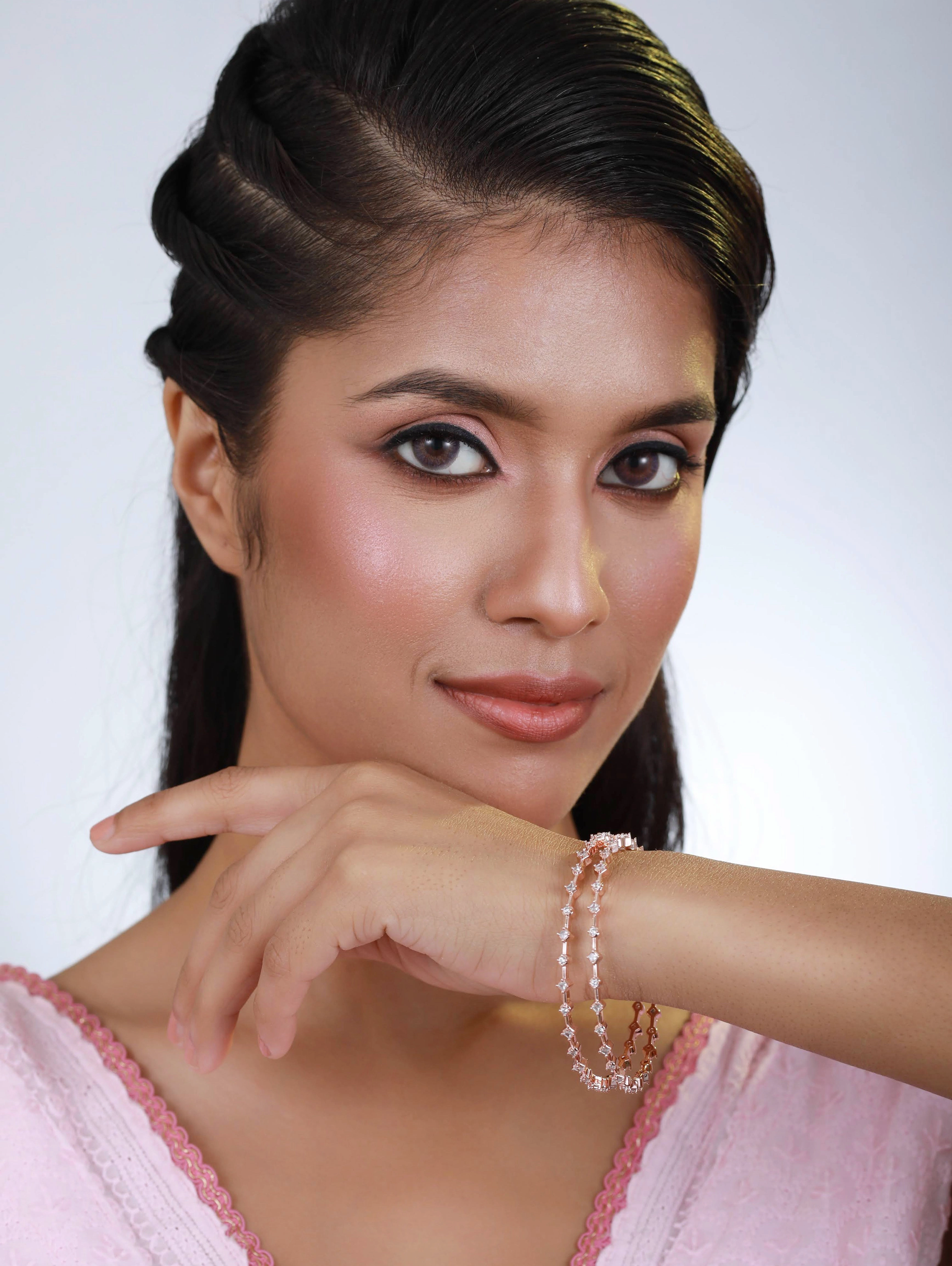 Set Of 2 Rose Gold-Plated & White Round American Diamond Studded Classy Bangles