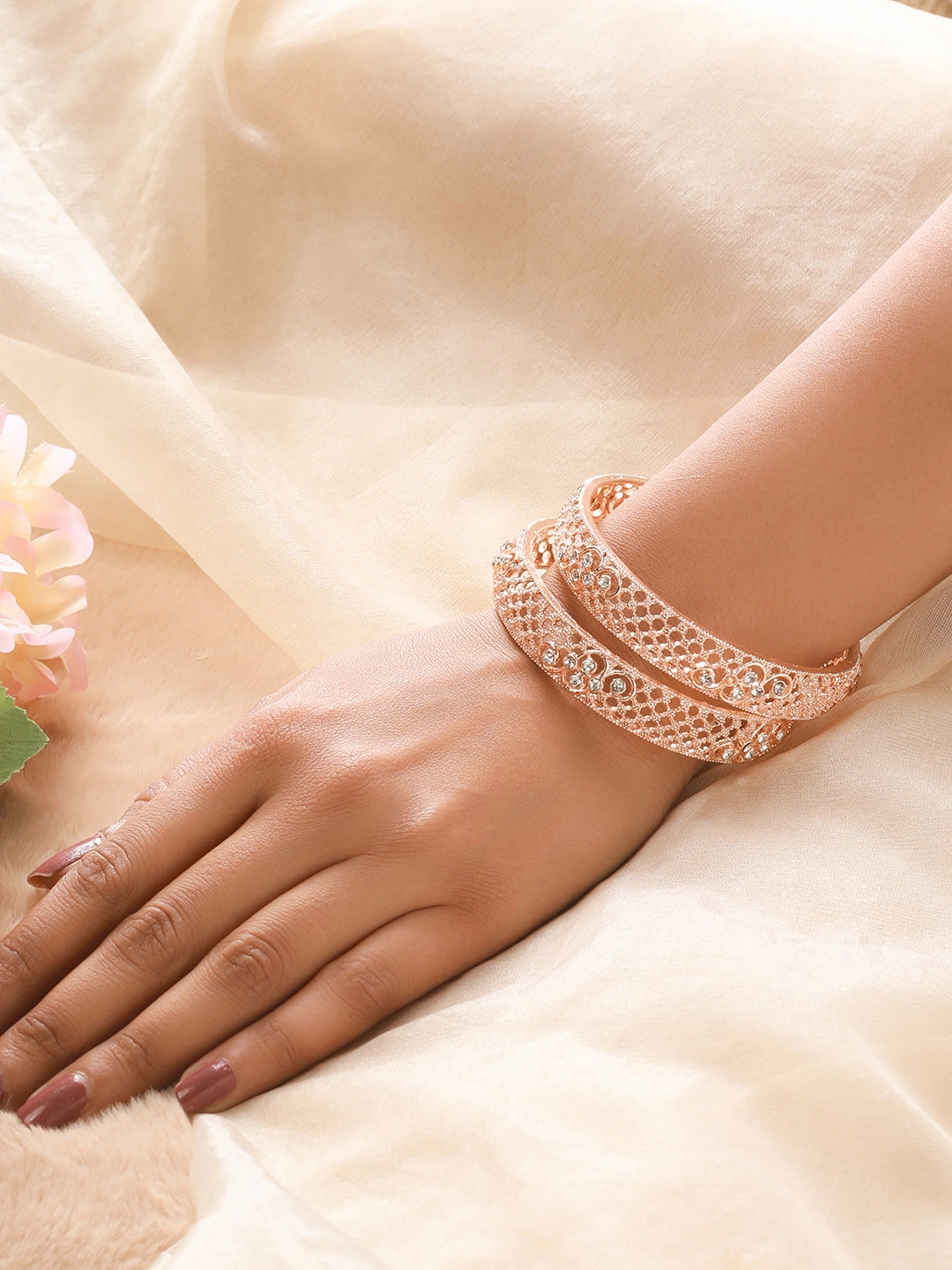Set Of 2 Rose Gold-Plated Cubic Zirconia Studded Bangle