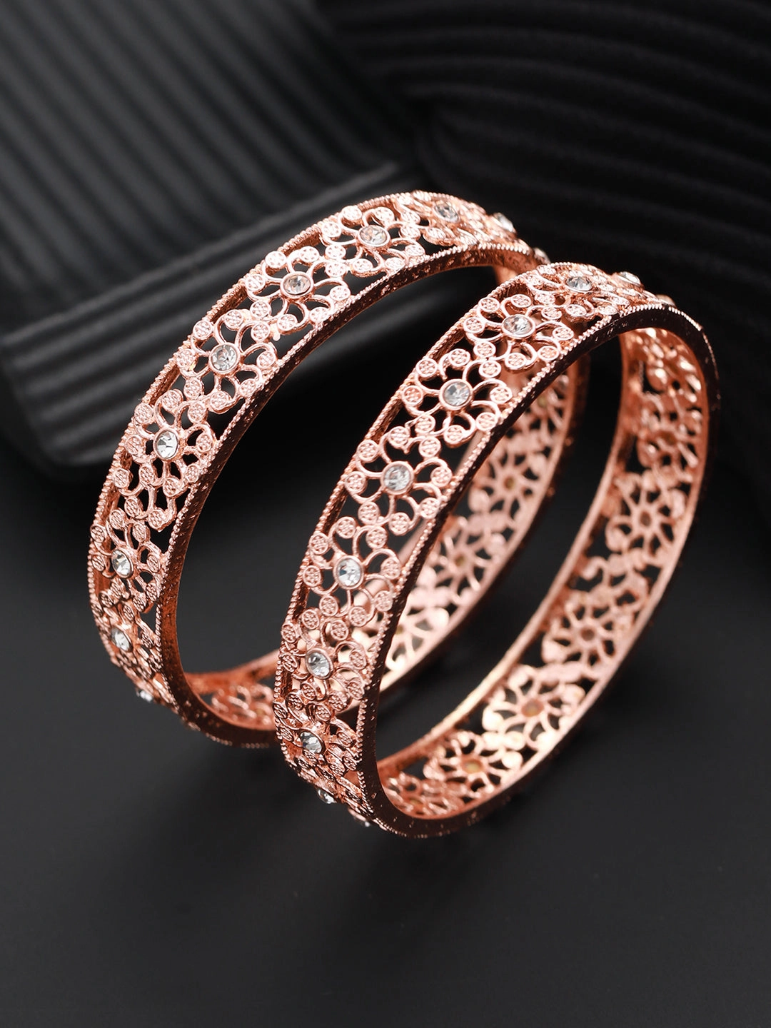 Set Of 2 Rose Gold-Plated Cubic Zirconia Studded Bangle