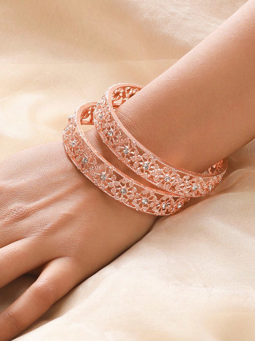 Set Of 2 Rose Gold-Plated Cubic Zirconia Studded Bangle