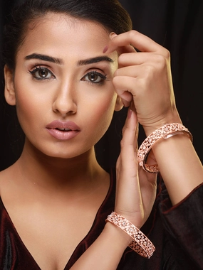 Set Of 2 Rose Gold-Plated Cubic Zirconia Studded Bangle