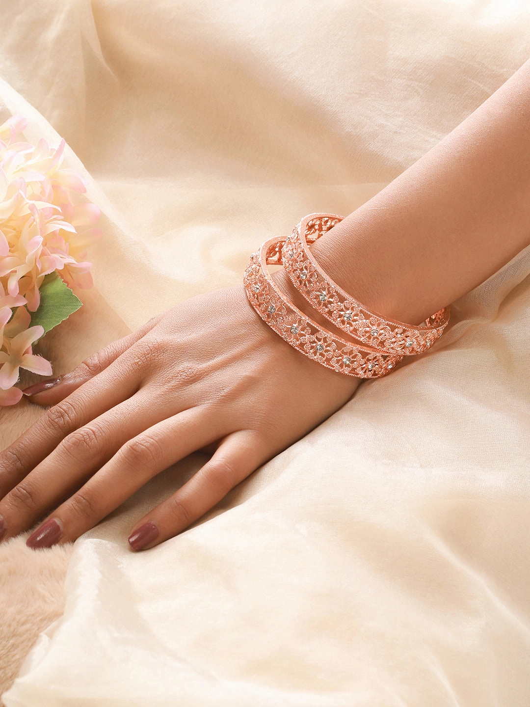 Set Of 2 Rose Gold-Plated Cubic Zirconia Studded Bangles