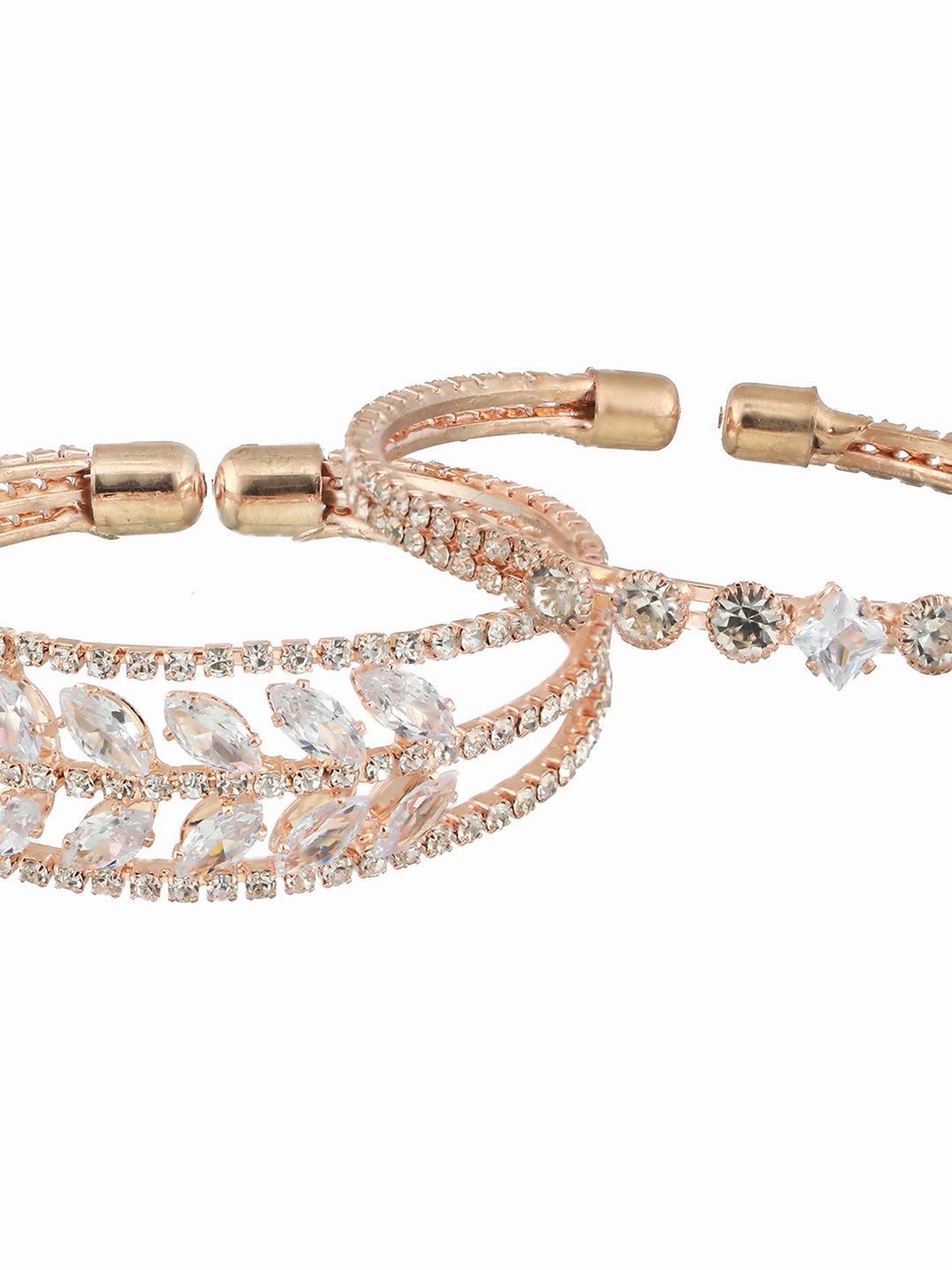 Set Of 2 Rose Gold-Plated White Crystal Studded Bangle Style Cuff Bracelet