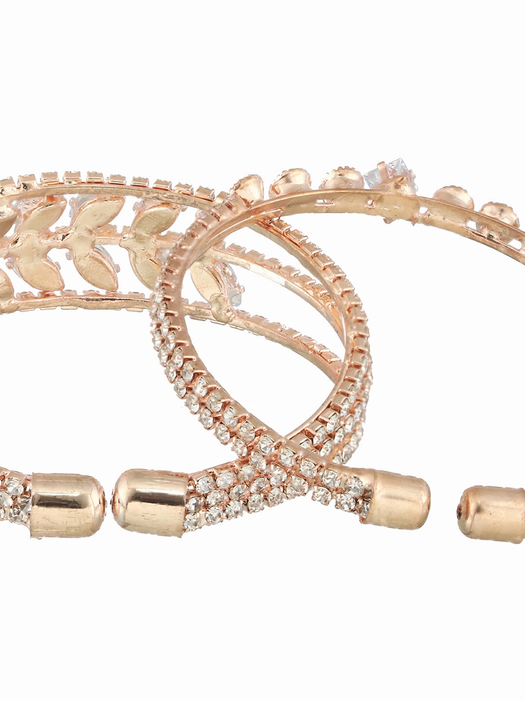 Set Of 2 Rose Gold-Plated White Crystal Studded Bangle Style Cuff Bracelet
