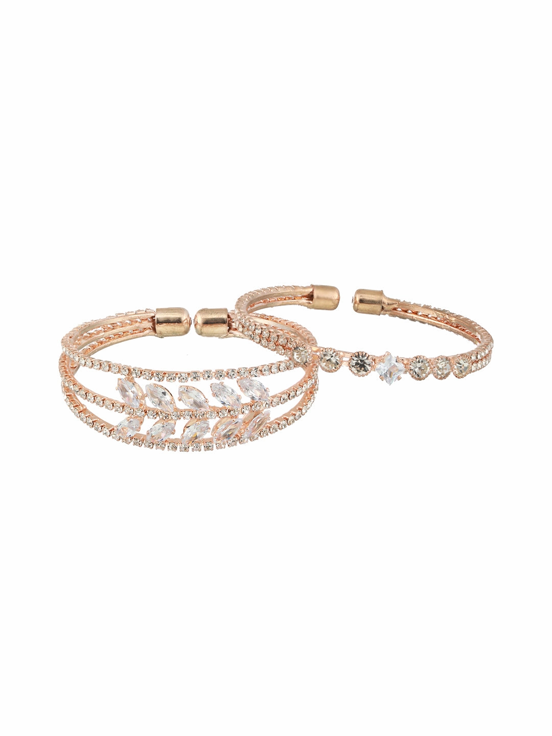 Set Of 2 Rose Gold-Plated White Crystal Studded Bangle Style Cuff Bracelet