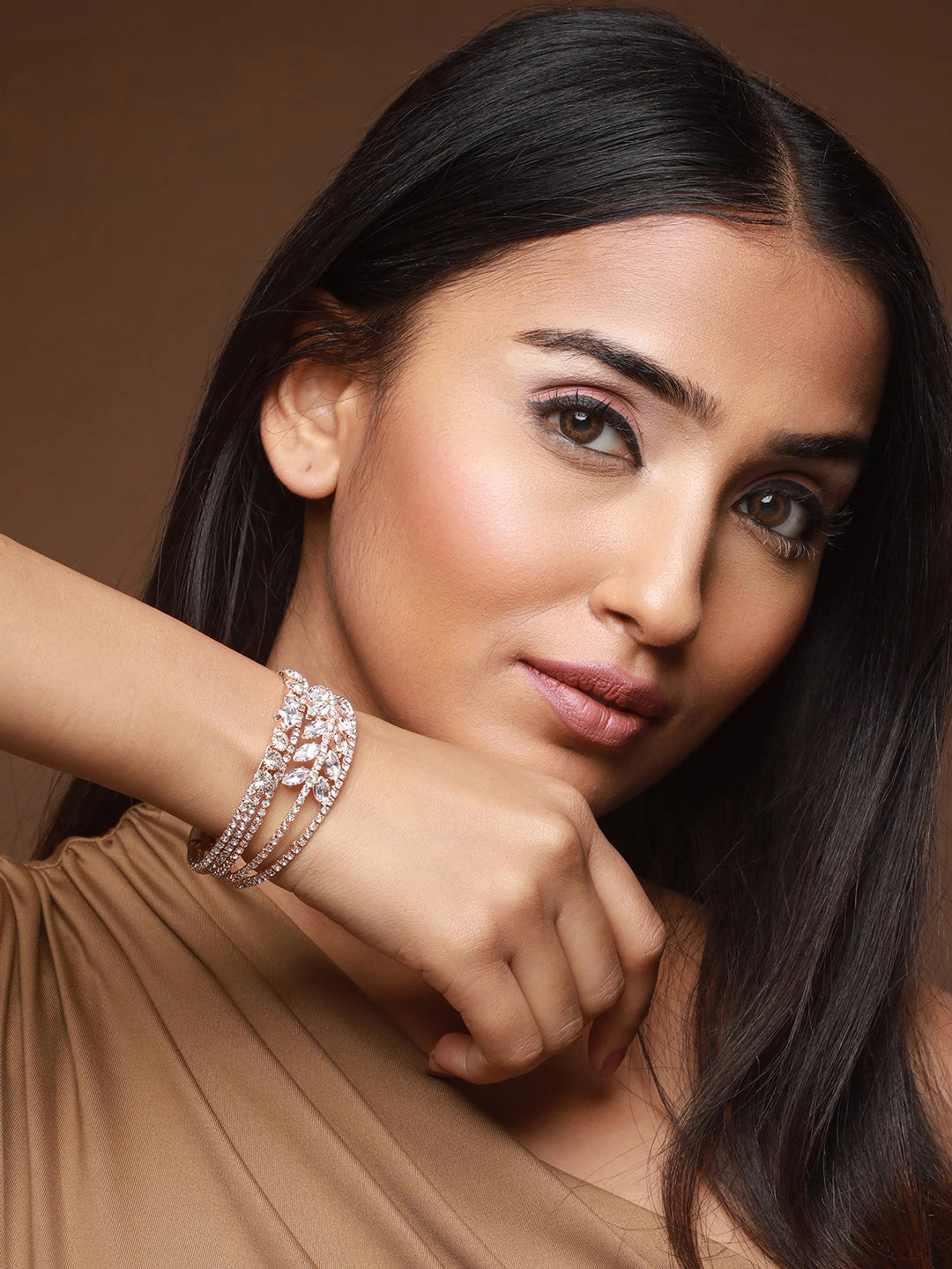 Set Of 2 Rose Gold-Plated White Crystal Studded Bangle Style Cuff Bracelet